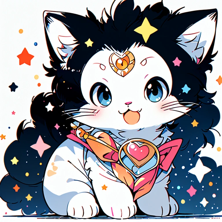 ,(masterpiece:1.2, high quality), no man,cute cat,Anime Style,Sailor Moon, :3, animal, Displaying the viewer, Open your mouth, Pure white background, smile，Pure，Stupid cute