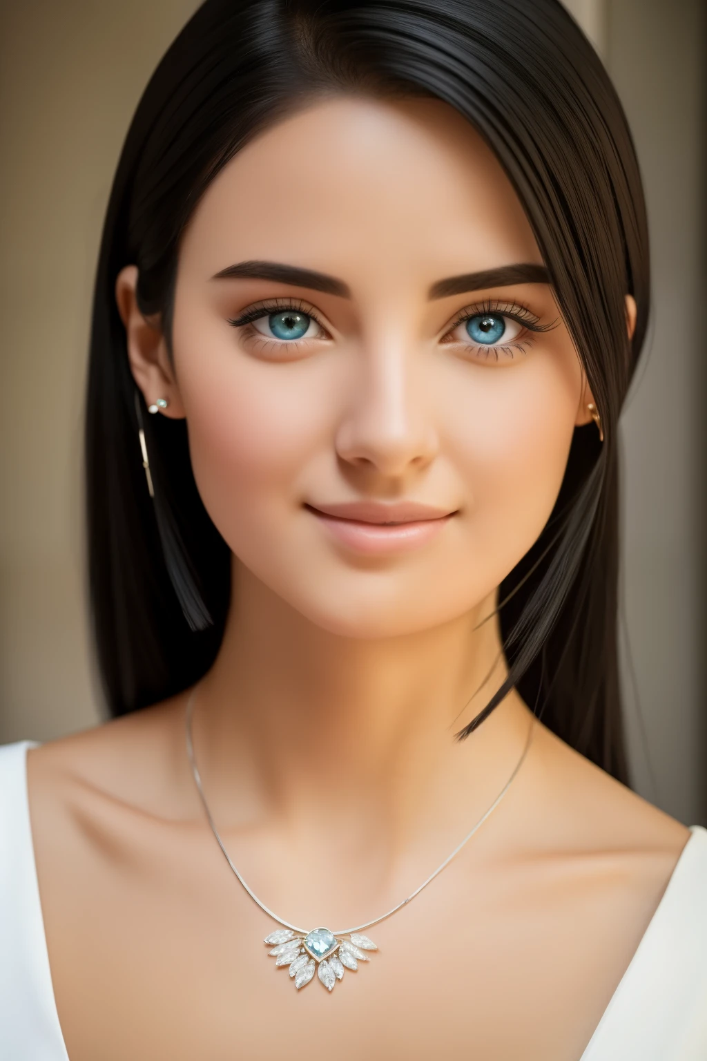 1 woman, black hair, blue pupils, delicate face, cute, love earrings, white dress, standing at the door of the police station, playful, ultra hd, masterpiece, best quality, super detail, ccurate