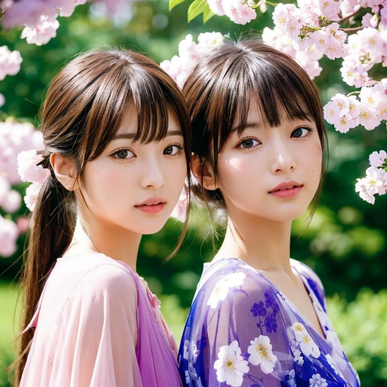 Twin tailsヘア, masterpiece, highest quality, High resolution, One girl, Japanese,Beautiful Japan JK(Realistic:1.3), Rembrandt Lighting, (masterpiece:1.2), (photoRealistic:1.2), (highest quality), (Detailed skin:1.3), (Intricate details), dramatic, Ray Tracing,One Girl, Japanese Girls, 21 years old, Detailed skin texture, (blush:0.5), Scattered under the surface, Front of the face, bangs, Hair between the eyes, Twin tails, Floral print, Autumn scenery, Plum blossom, (It was transparent:1.2), Pop Idol,