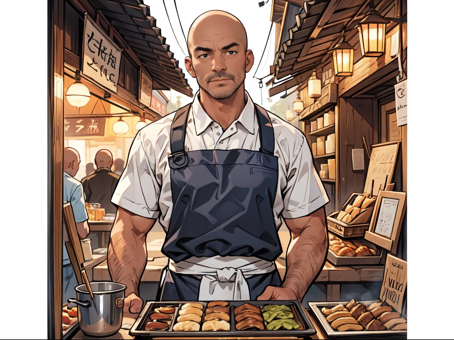 In the dark, a bald uncle selling skewers is wearing a white apron on his whole body.