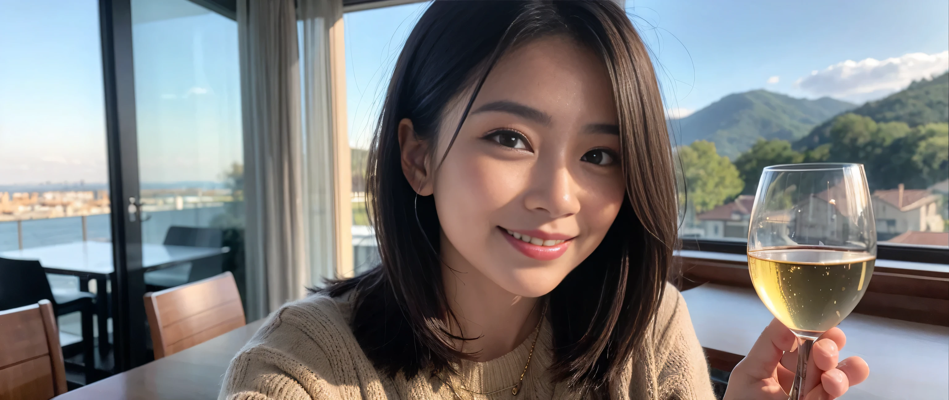 ((highest quality、8k、masterpiece:1.3))、Wine Party、1 male 1 female、Couple、couple、Lovers Couple、Slim body、((Bob Hale、Straight hair:1.2)), (Realistic, Intricate details:1.2), Wine glass on the table、Lighting the face、 Amazing view of the sunset sky and clouds、Amazing mountain views、A bright smile、The wonderfulness of smile、Bright image、The beauty of wine, Beautiful Face, blue eyes, The light shines on your face, Blushing, short hair,Bright Face、 (Age 37), 39 years old, red wine 、Appetizers、Italian food、wine bottle、Champagne、sparkling wine、Two beauties、Brown Hair、Shortcuts、Long sleeve shirt、dress、Pretty Woman 1, (Slim face), (The body is slim), (Brown Hair), (Shortcuts), cheeks turn a little red,Attractive beauty、restaurant, In a prominent place (From the waist up) Nova Frog Style, actress, model, Upper Body, White wine, slim, wine glass, Wine glass placed in the center, smile, (smile: 1.15), Beautiful fine grain, Depth f/2,saturation, High Contrast, Strong light and shadow,Moist Body:1.5、3D texture、Delicate eyes、Brown Hair、The hair is very shiny、