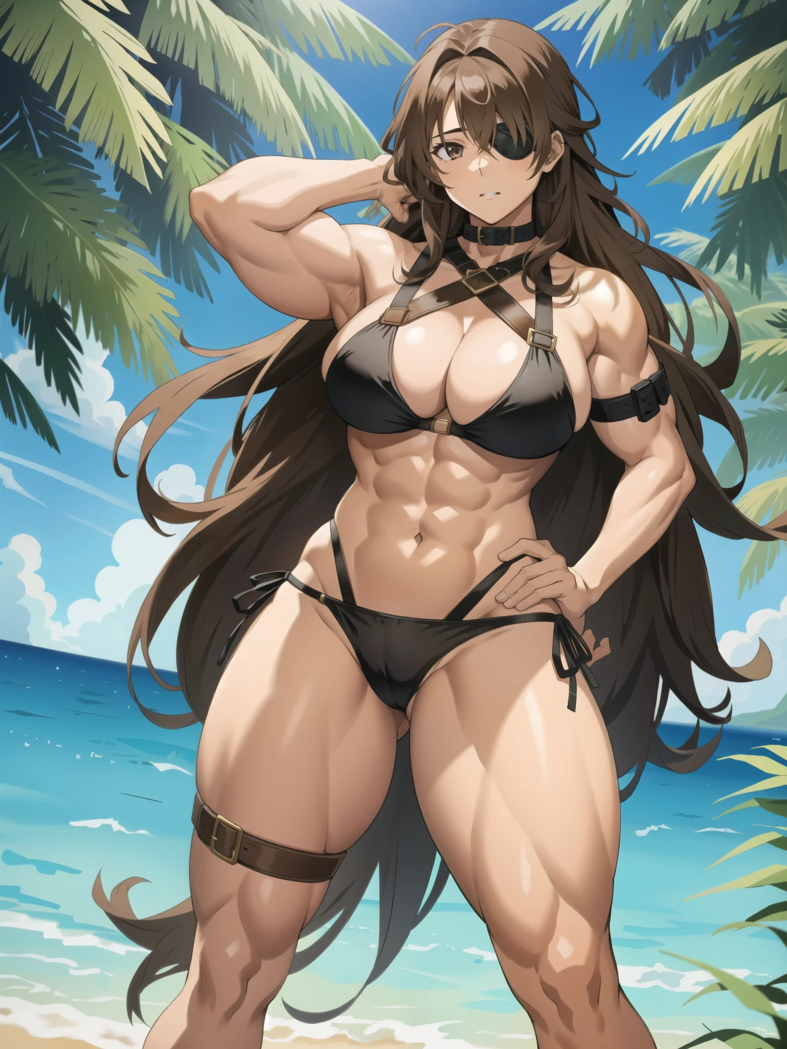 1 girl, long brown hair, eyepatch on right eye, (large breasts), (thick thighs), bikini, (((muscular)))