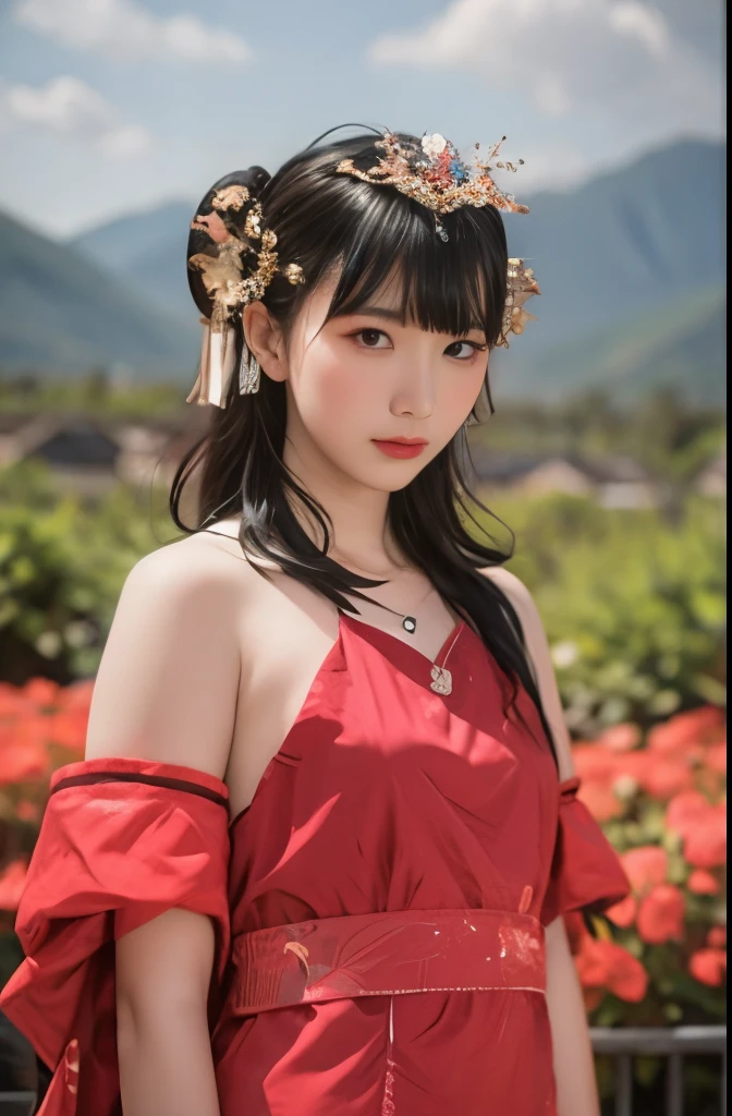 1girl,(background: Garden),looking at viewer,photorealistic,realistic,solo,Hanfu,Outdoor:2,Flowers,Blue sky and white clouds,Mountains,whole body