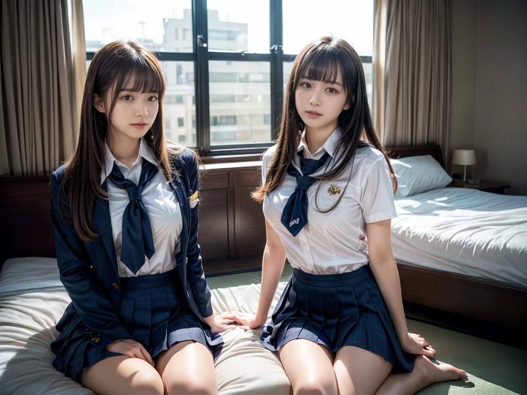 (RAW photo, 4k, masterpiece, high resolution, extremely complex) (realistic: 1.4), cinematic lighting
((2 girls, 2 schoolgirls)),Slam Dunk's,blushing,((innocent)),(Dark makeup),bright eyes,round eyes,blunt bangs,(straight hair:1.3),black hair,large breasts,wide hips,Summer Noon, 20 year old girl、cute type、ta,Hot, (Best Quality), (Highres), (an Extremely Delicate and Beautiful),(Beautiful 8k face),(Brown eyes),short bob hair,( spectators),(gigantic breasts),(Play with each other,Touching each other's bodies,Touching the body),(Japanese high school uniform:1.3),blue skirt,(reality),bright lighting,(The background is a luxury hotel room)