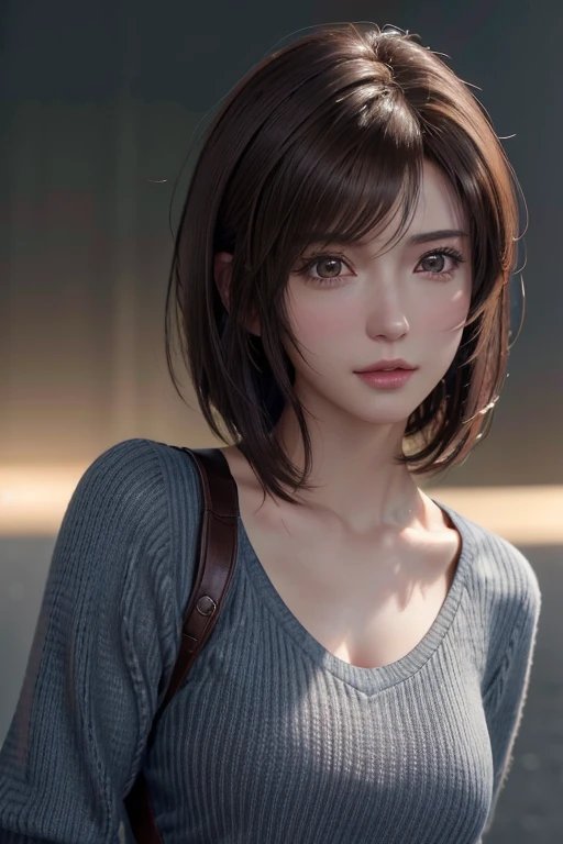 (Representative works: 1.3), (8k, Realistic, RAW Photos, Best image quality: 1.4), (30 year old mature woman),Small face, Beautiful Face, (Realistic face),No makeup、Natural Makeup、light makeup、 (Dark brown, short hair: 1.3), Beautiful Hairstyles, Realistic eyes, Fine and beautiful eyes, (Realistic肌), Beautiful Skin, (sweater),、Bust F cup、 Confused, charm, 超High resolution, Super Realistic, High resolution, Golden Ratio, Final Fantasy Tifa、Gray background、