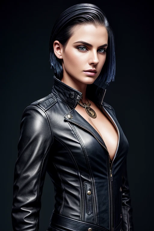 Gorgeous european steampunk woman with short straight neck length hair, wet hair, hair slicked back, slick hair, indigo hair, in a leather jacket with nothing underneath, solid black background