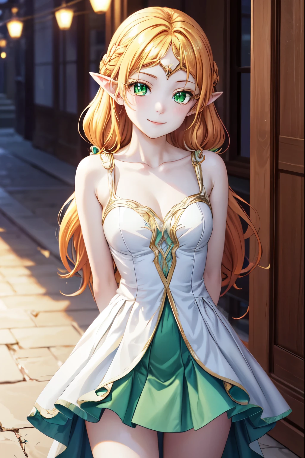 t太陽dereFairy, t太陽dere Fairy, Long Hair, Blonde Hair, (Green Eyes:1.5), Pointed Ears, Fairy, Multicolored Hair, Forehead jewel,smile、Closed Mouth、Absolute reference to the center、Cute no matter who looks at it、Arms behind back,clavicle,White Party Dresses、Absolute reference to center、whole body, alone,Cinematic lighting、Cowboy Shot、Beautiful thighs、Highly detailed face, Perfect lighting, Highly detailed CG, (Perfect hands, Perfect Anatomy