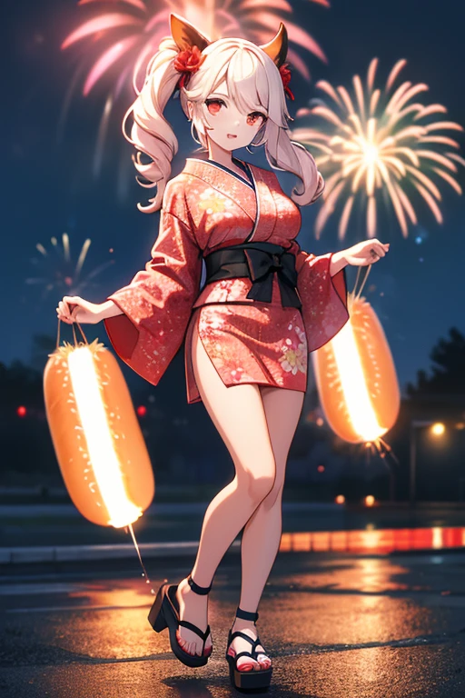 kemonomimi girl Red kimono with floral pattern Big Breasts Night view High-definition fireworks Hot Dog Hold in mouth Black Hair Slender Sandals