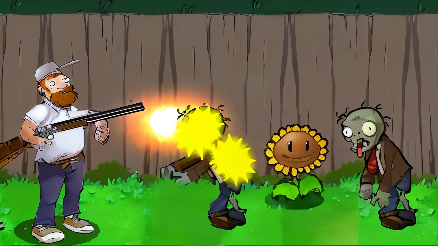 cartoon of a man shooting a gun at a bunch of plants, video game screenshot, videogame screenshot, action scene screenshot, gameplay still, gameplay footage, cutscene footage, screenshot from the game, screenshot from game, 2020 video game screenshot, cutscene, playable trailer, video game cutscene, gameplay screenshot with ui, gameplay, gameplay screenshot