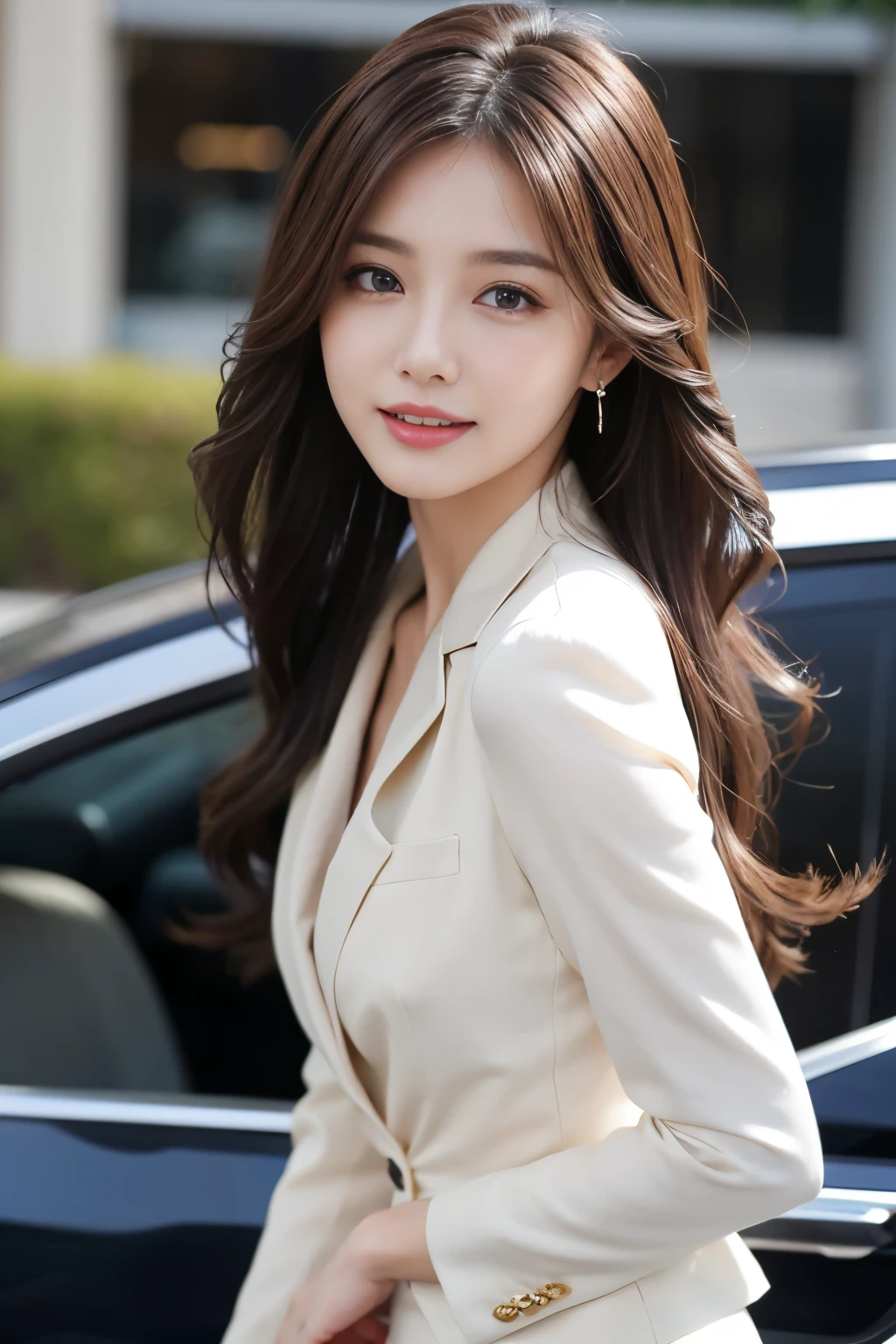 Tabletop, highest quality, Realistic, Very detailed, In detail, High resolution, 8k wallpaper, 1. Beautiful Women,, Light brown messy hair, Wearing a business suit, Sharp focus, Fully dynamic configuration, Beautiful and delicate eyes, Detailed Hair, 섬세하고 Realistic 피부 결, Laughter, Close-up portrait, Model Body Type,  Slender full body model , Passenger car model, High heels, belong to