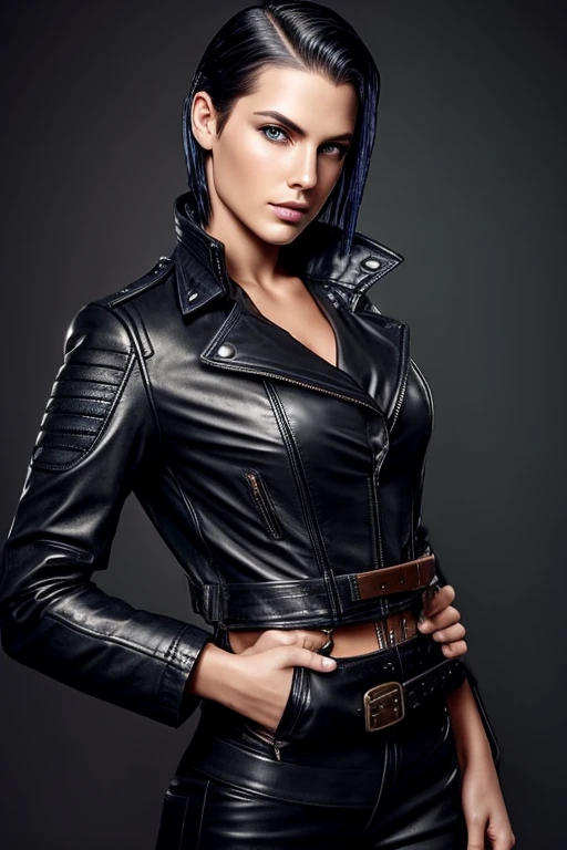 Gorgeous european steampunk woman with short straight neck length hair, wet hair, hair slicked back, slick hair, indigo hair, in a leather jacket with nothing underneath, solid black background