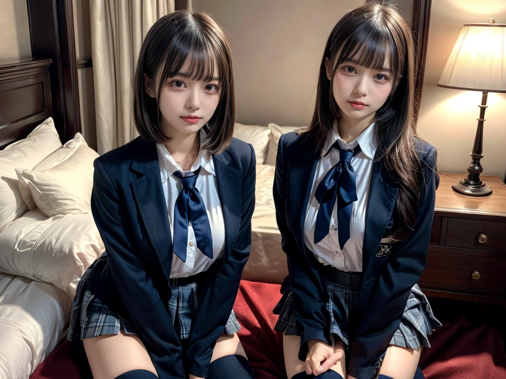 (8K, Raw photography, top-quality, masterpiece:1.2), master piece, best quality, illustration, Super detailed, fine details, High resolution, 8K,wall paper, perfect dynamic composition,(Details High quality, realistic depiction of eyes:1.3), ((2 girls, 2 schoolgirls)), The background is a luxury hotel room、High school girl uniform、blazer 、Super Short Check Uniform Skirt、Navy blue high socks、garterbelts、Colossal tits、Disturbed uniform, Play with each other,Touching each other's bodies,Touching the body of the girl next door, short bob hair, black hair color, huge breasts, Big Natural Color Lip, bold sexy pose, (perfect body shape), crying a little、cold gaze, Beautiful makeup,glitter makeup,Cutest 18 years old, beautiful legs, hposing Gravure Idol, Voluptuous thighs
