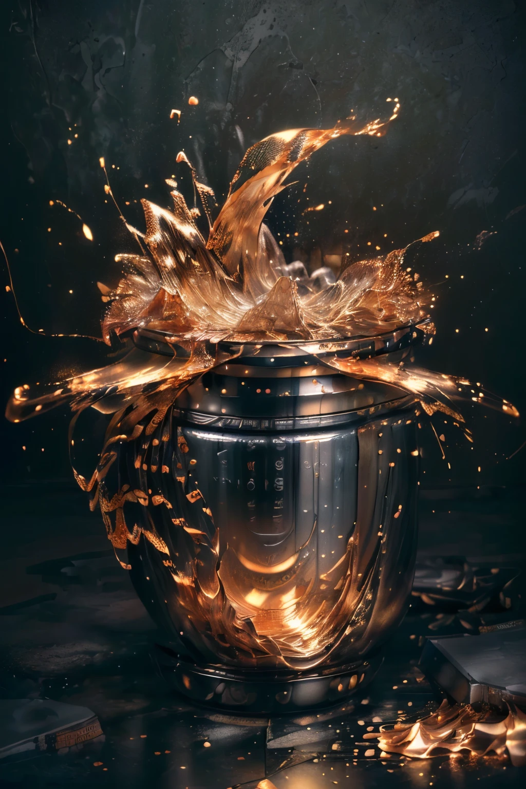 ((masterpiece, highest quality, Highest image quality, High resolution, photorealistic, Raw photo, 8K)), ((Extremely detailed CG unified 8k wallpaper)), Liquid metal flowing out of a broken container, swirling and gathering on the floor, solidifying into the shape of a person,