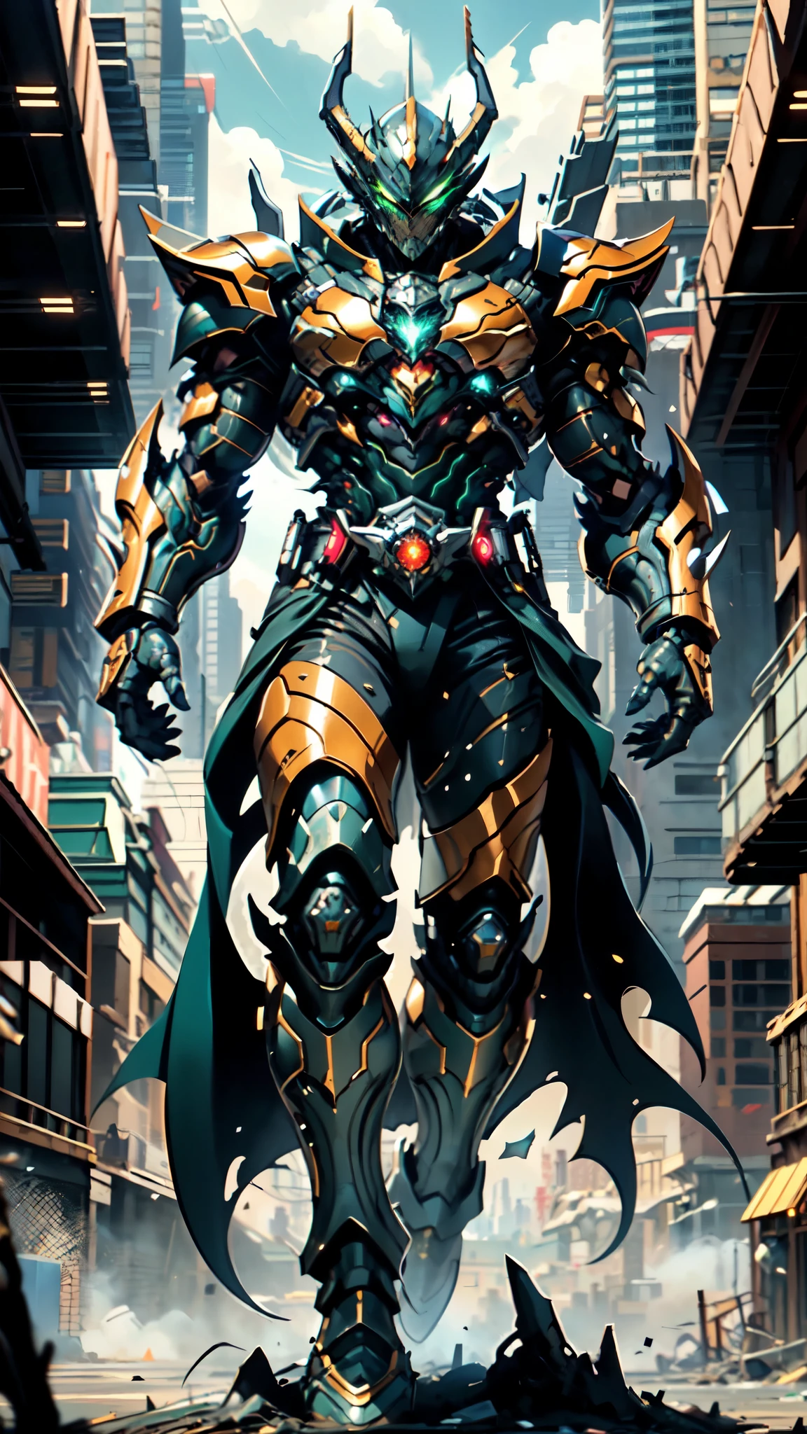 A man wearing a full-face helmet, a fantasy-style biotech armored combat suit, green eyes, (a composite layered chest armor), fully enclosed shoulder guards, matching arm and leg guards, the belt is adorned with 666 mark, (the color scheme is primarily red with yellow and white accents), the design balances heavy with agility, a high-tech bio-mecha armor, (Armor Concept Inspired by Demon, stand on the top of a skyscraper in a futuristic sci-fi city), this character embodies a finely crafted fantasy-surreal style armored hero in anime style, exquisite and mature manga art style, (battle damage, element, plasma, energy, the armor glows), ((male:1.5)), metallic, real texture material, dramatic, high definition, best quality, highres, ultra-detailed, ultra-fine painting, extremely delicate, professional, perfect body proportions, golden ratio, anatomically correct, symmetrical face, extremely detailed eyes and face, high quality eyes, creativity, RAW photo, UHD, 32k, Natural light, cinematic lighting, masterpiece-anatomy-perfect, masterpiece:1.5