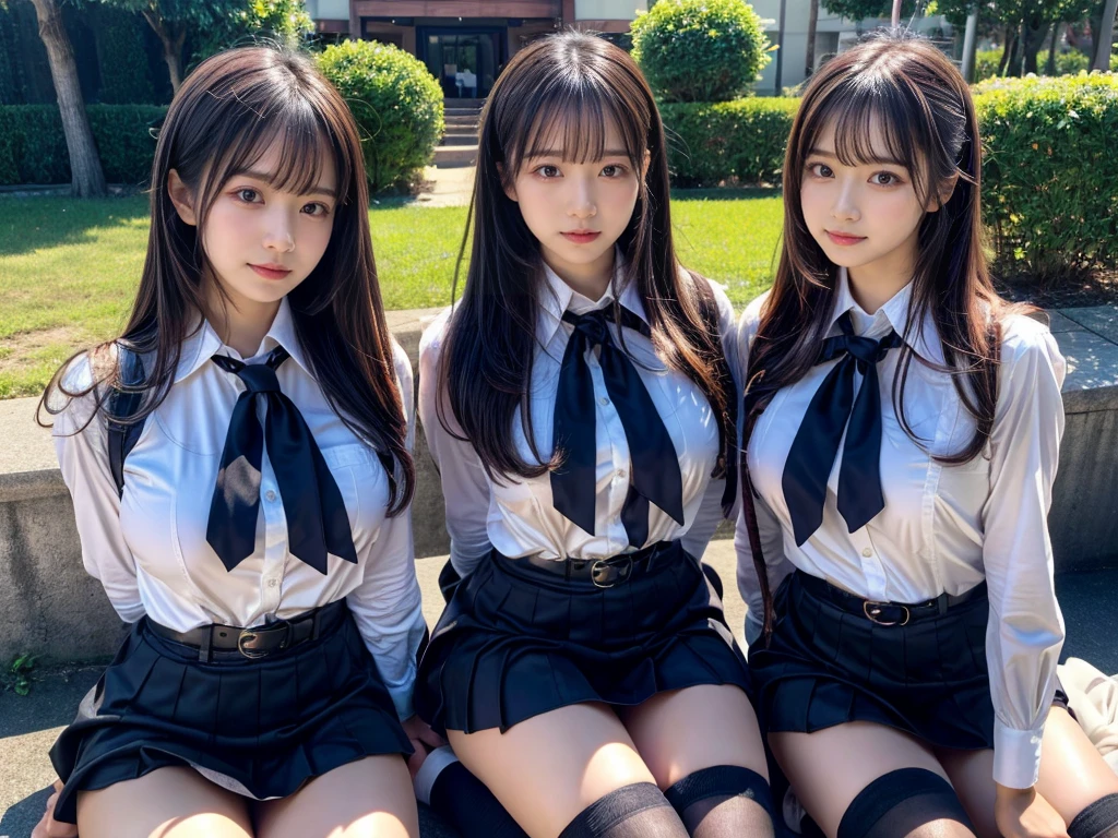 (8K, Raw photography, top-quality, masterpiece:1.2), master piece, best quality, illustration, Super detailed, fine details, High resolution, 8K,wall paper, perfect dynamic composition,(Details High quality, realistic depiction of eyes:1.3), ((2 girls, 2 schoolgirls)), The background is a luxury hotel room、High school girl uniform、blazer 、Super Short Check Uniform Skirt、Navy blue high socks、garterbelts、Colossal tits、Disturbed uniform, Play with each other,Touching each other's bodies,Touching the body of the girl next door, short bob hair, black hair color, huge breasts, Big Natural Color Lip, bold sexy pose, (perfect body shape), crying a little、cold gaze, Beautiful makeup,glitter makeup,Cutest 18 years old, beautiful legs, hposing Gravure Idol, Voluptuous thighs