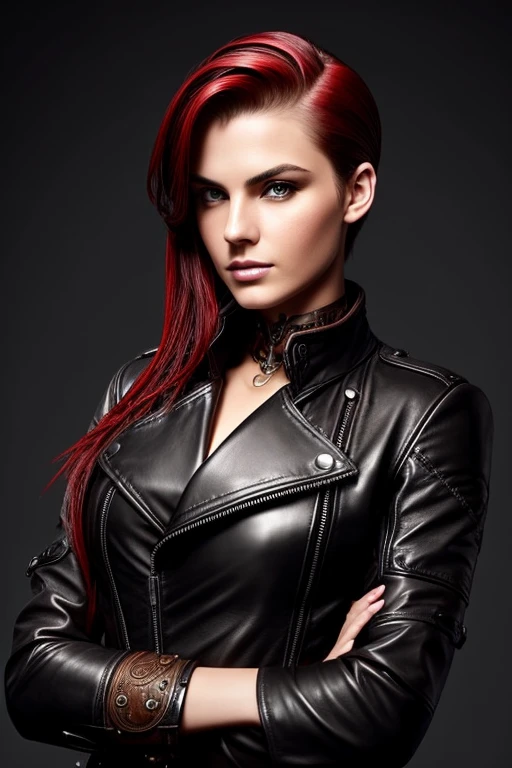 Gorgeous european steampunk woman with short straight neck length hair, wet hair, hair slicked back, slick hair, red hair, in a leather jacket with nothing underneath, solid black background