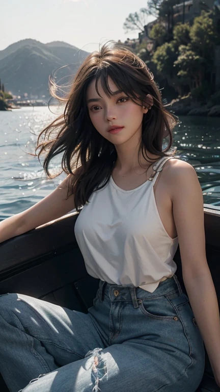 The bright daylight the face. an older man like gandalf and a girl asian sitting on a boat in the water. older man and girl. They sit across from each other, chatting, far away us, her sit far away. she is brown hair long, she with tall, well-rounded, large breasts, her pink skin , she wearing The bra with a bow at the neck along with the wide-strap tank top, thin, white, tucked into pants and cut jeans with shirt tucked into pants and Skin fair and rosy like a baby's. The older man A white tank top and long jeans , her have body gymmer, fitness sexy with a wise and kind expression, gazes at the horizon, while the girl, with her radiant and captivating eyes, looks at him with admiration. High-resolution, natural-looking image with no makeup showing authenticity of face. The background showcases Are famous landmarks and natural wonders on the river. This masterpiece of a painting is a testament to the incredible artistic skills of the artists, including super fine photo captures the essence of beauty and realism (((Very detailed face)))), ((Very detailed eyes and face)))), Beautiful detail eyes, Body parts__, Official art, Unified 8k wallpaper, Super detailed, beautiful and beautiful, beautiful, masterpiece, best quality, original, masterpiece, super fine photo, best quality, super high resolution, realistic realism, sunlight, full body portrait, amazing beauty, dynamic pose, delicate face, vibrant eyes, (from the front), The old man, with a strong Greek presence Together, they talking and sit far away on a majestic boat that glides effortlessly on the water. The afternoon sun casts a warm, golden light over the scene, illuminating their radiant presence and the large boat that catches the wind and The bright daylight the face. A stunning and highly detailed 8k wallpaper featuring, blue hour lighting, back lit lighting, The background is blurred out, (Lens flare), Wind, Pastel colors, Soft light ,Short flowing hair, elegant, Upper body,
