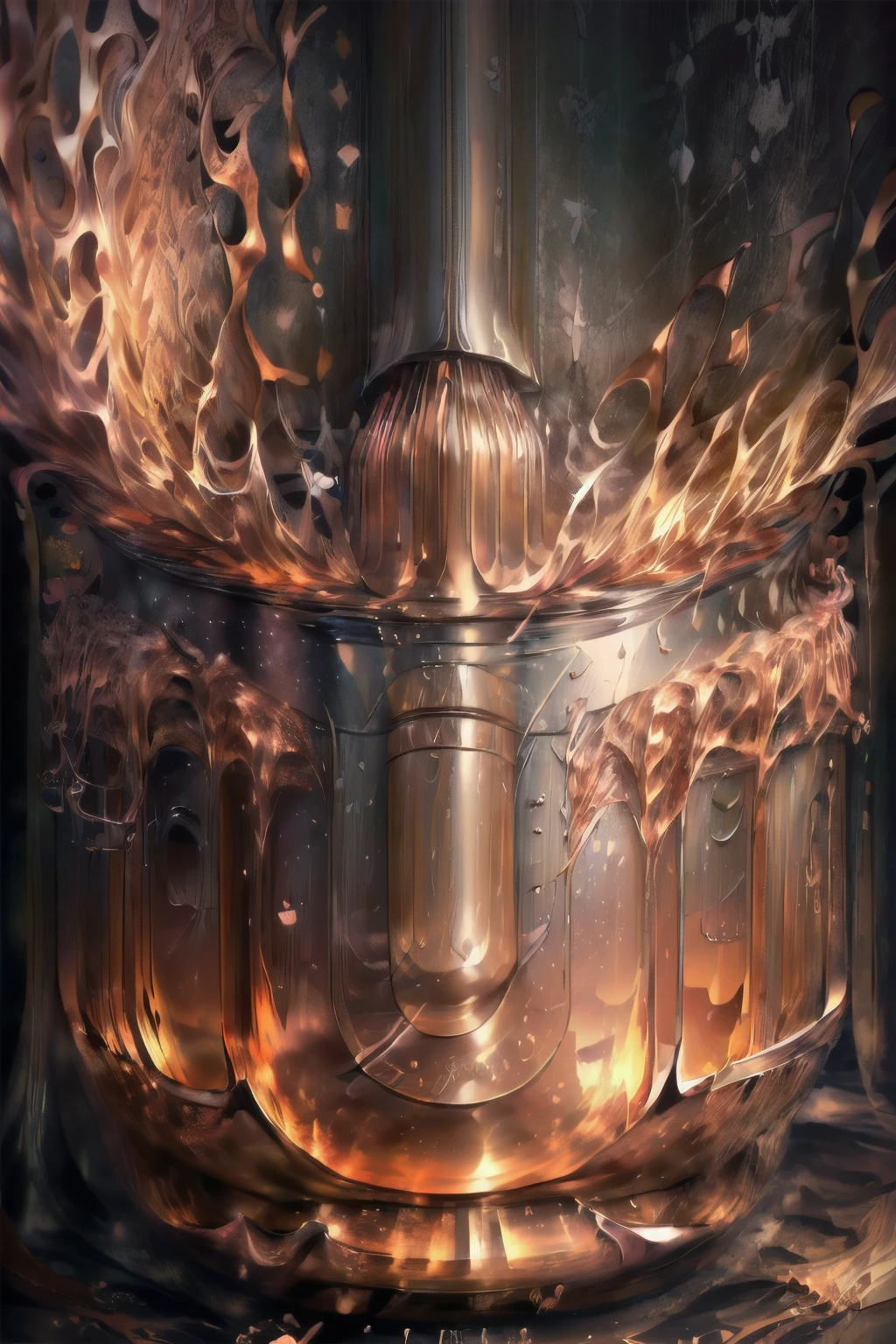 ((Masterpiece, top quality, high resolution)), ((highly detailed CG unified 8K wallpaper)), Liquid metal flowing out of the broken container hardens into the shape of a human being,