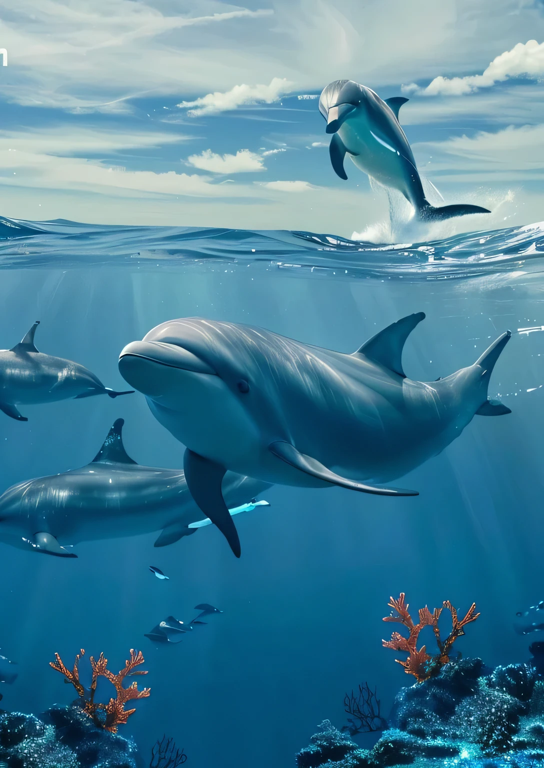 dolphin 珊瑚 swimming in the ocean with corals and blue sky, dolphins swimming, dolphins, dolphin, dolphin swimming, HD Wallpapers, dolphins jumping, dolphins and swordfish, High quality desktop wallpaper, High quality wallpapers, Beautiful wallpapers, author:Kurt Rosch, beautiful picture, Amazing wallpapers, desktop background, 4 k HD Wallpapers very detailed, High quality wallpaper, very beautiful picture