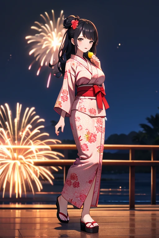 kemonomimi　girl　Red kimono with floral pattern　Big Breasts　Night view　High-definition fireworks　Chocolate banana　Hold in mouth　Black Hair　Slender　Sandals
