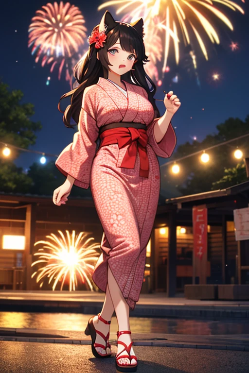 kemonomimi girl Red kimono with floral pattern Big Breasts Night view High-definition fireworks Chocolate banana Hold in mouth Black Hair Slender Sandals