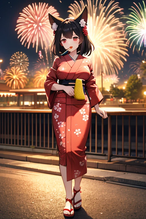 kemonomimi　girl　Red kimono with floral pattern　Big Breasts　Night view　High-definition fireworks　Chocolate banana　Hold in mouth　Black Hair　Slender　Sandals