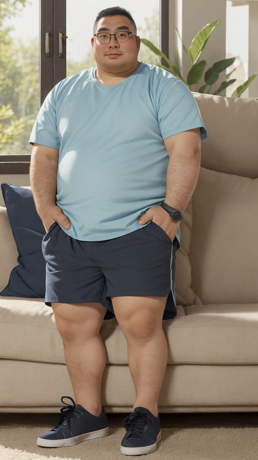 A cute fat man, Round inches, Big round face,Black round glasses, Big round belly, Blue short sleeve, Sitting on the sofa in the living room with glass windows, Casual shorts, Sneakers, Chinese men,full-body shot