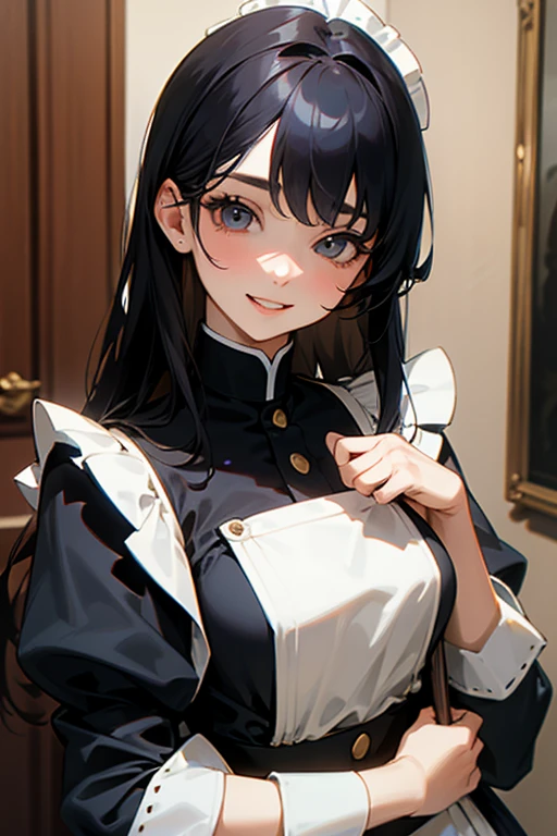 (Highest Resolution, clear_image) highest quality, Single person, One woman, alone, masterpiece, Very detailed, Semi-realistic, Black Hairのショートヘア, Black Hair, bangs, 18-year-old, mature, light blue uniform, uniform, Indoor Background, kind, Authoritative, Powerful, exquisite features, exquisite features、Eyelashes become longer、Showing teeth、smile😀、Maid clothes、woman'Fingers in the、rooftop、Fluttering Hair、
