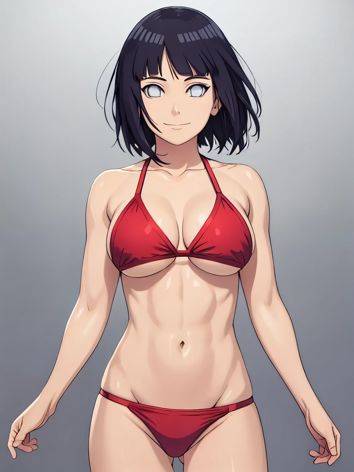 (hinata\(boruto\), (high quality, upper body view only, anime, tall woman, perfect hand anatomy, red bikini, off-shoulders, little biceps, long belly, smile), ((triceps)), ((looking at the camera)), (medium-big breasts), closed mouth), (posing for the viewer), pale skin, ((floating hair, dark blue, short hair, hime cut، loose hair), (background: simple white background only), (background: simple white background only)