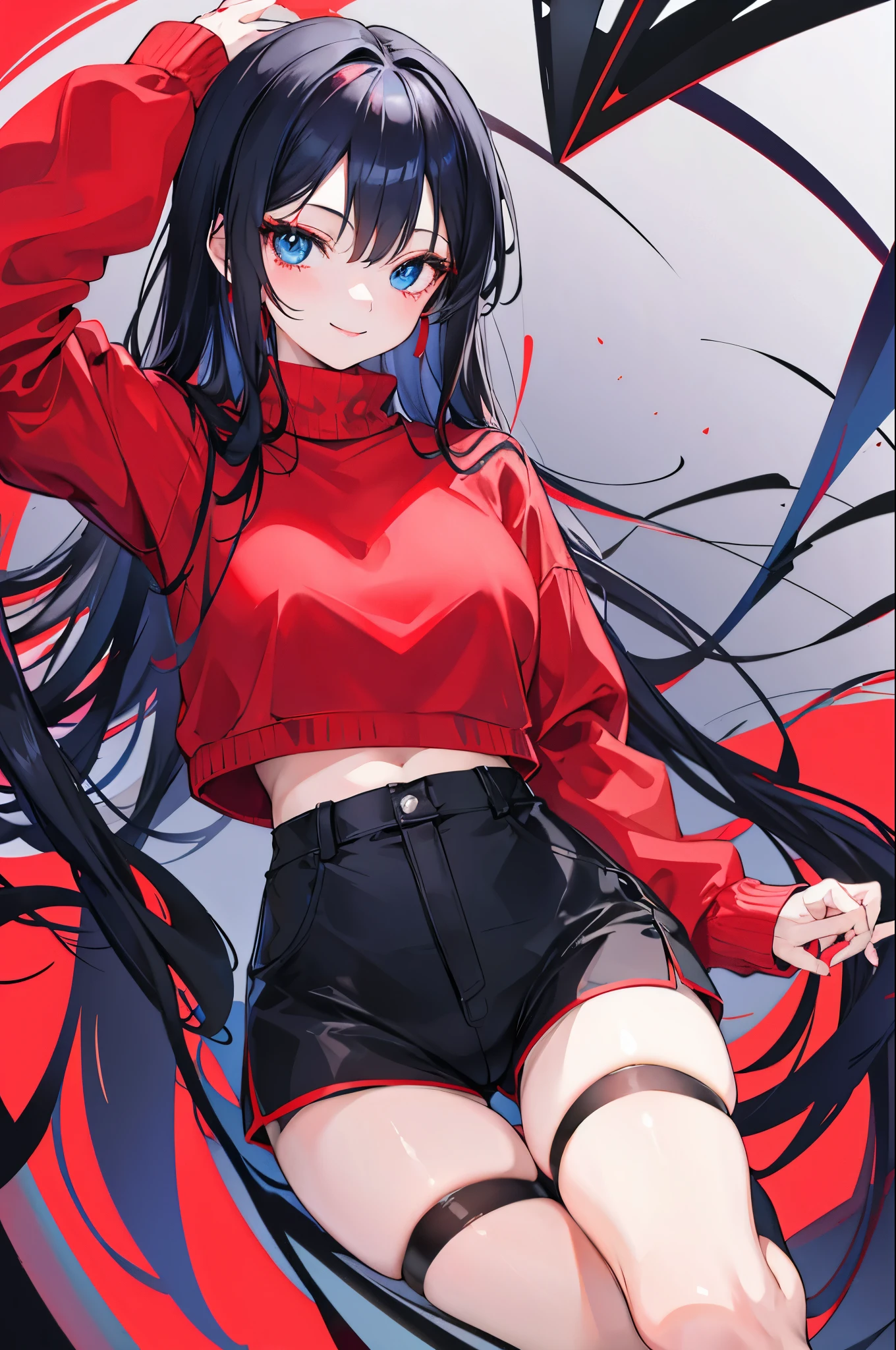 1girl,Red sweater,Shorts, mesh stockings,Smile, Black hair, blue eyes.