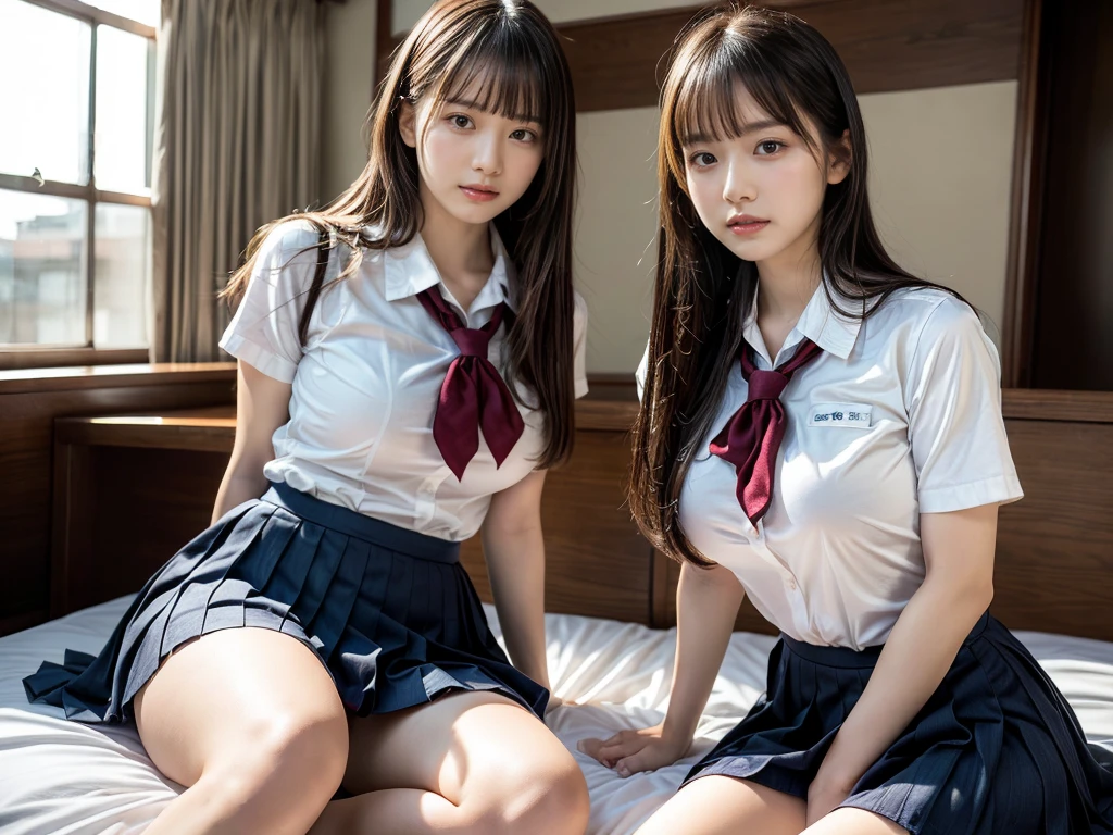 (RAW photo, 4k, masterpiece, high resolution, extremely complex) (realistic: 1.4), cinematic lighting
 ((2 girls, 2 schoolgirls)),Slam Dunk's,blushing,((innocent)),(Dark makeup),bright eyes,round eyes,blunt bangs,(straight hair:1.3),black hair,large breasts,wide hips,Summer Noon, 20 year old girl、cute type、lolita,Hot, (Best Quality), (Highres), (an Extremely Delicate and Beautiful),(Beautiful 8k face),(Brown eyes),short bob hair,( spectators),(gigantic breasts),(Play with each other,Touching each other's bodies,Touching the body),(Japanese high school uniform:1.3),blue skirt,(reality),bright lighting,(The background is a luxury hotel room)