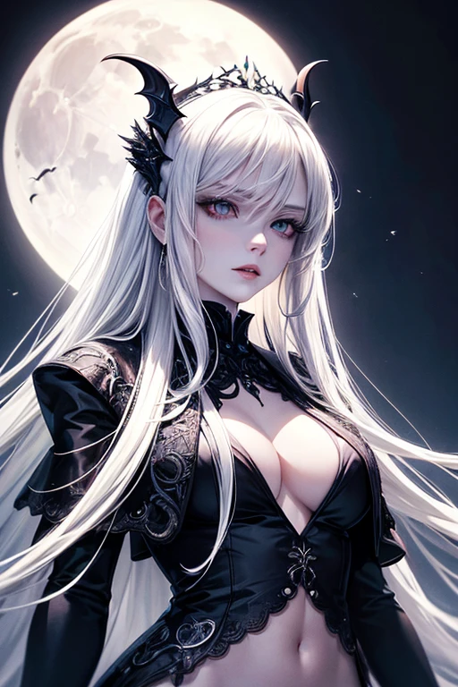masterpiece, best quality, (Solitary focus), (Perfect face:1.1), (High Detail:1.1),Dramatic, 1 person, (Pale skin), Long white hair, White eyes, Solitary, long hair, moon, night, White luxury suit, vampire, cover navel, Pursed lips, cover, Victoria City, Detailed background, Gothic Revival, movie lighting,
