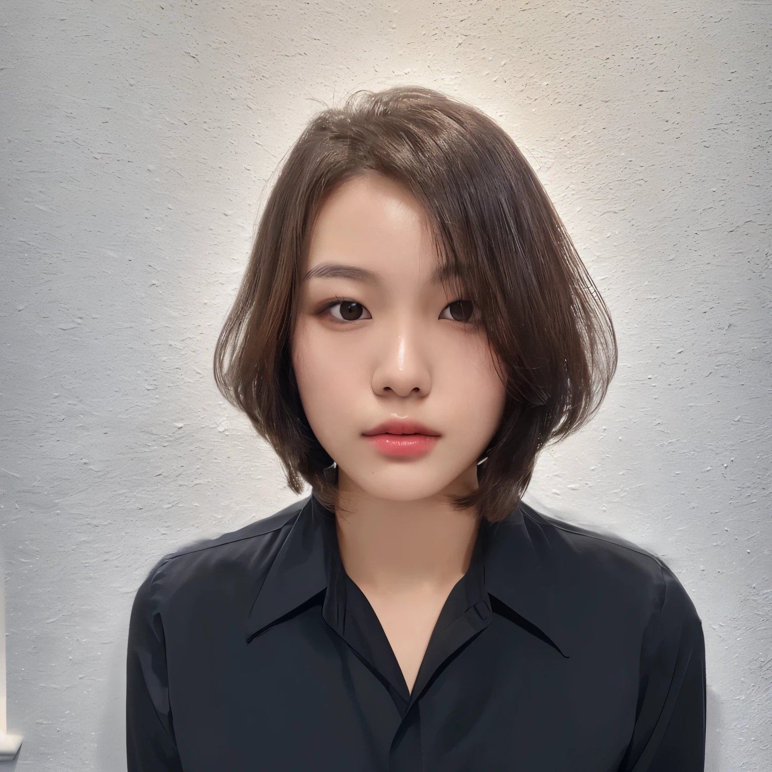 Best Quality, 8k, Masterpiece, (Portrait: 1.3), (photo realistic:1.4), (hyper realistic:1.4), Sharp Focus, looking at viewer, (smoother lighting:1.1), (increase cinematic lighting quality:0.9), realistic lighting, backlighting, light on face, ray trace, (brightening light:1.2), (Increase quality:1.4), sharp detail, (best quality real texture skin:1.4), finely detailed eyes, black_eyes, finely detailed face, 25 year old Korean woman, (white formal_shirt:1.4), (Create an image maintaining the original base model hairstyle:1.5)