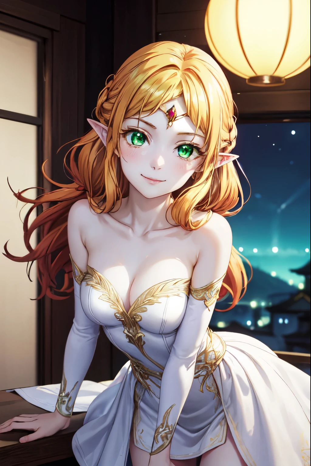 t太陽dereFairy, t太陽dere Fairy, Long Hair, Blonde Hair, (Green Eyes:1.5), Pointed Ears, Fairy, Multicolored Hair, Forehead jewel,smile、Closed Mouth、Absolute reference to the center、Cute no matter who looks at it、Arms behind back,clavicle,White Party Dresses、Absolute reference to center、whole body, alone,Cinematic lighting、Cowboy Shot、Beautiful thighs、Highly detailed face, Perfect lighting, Highly detailed CG, Leaning forward