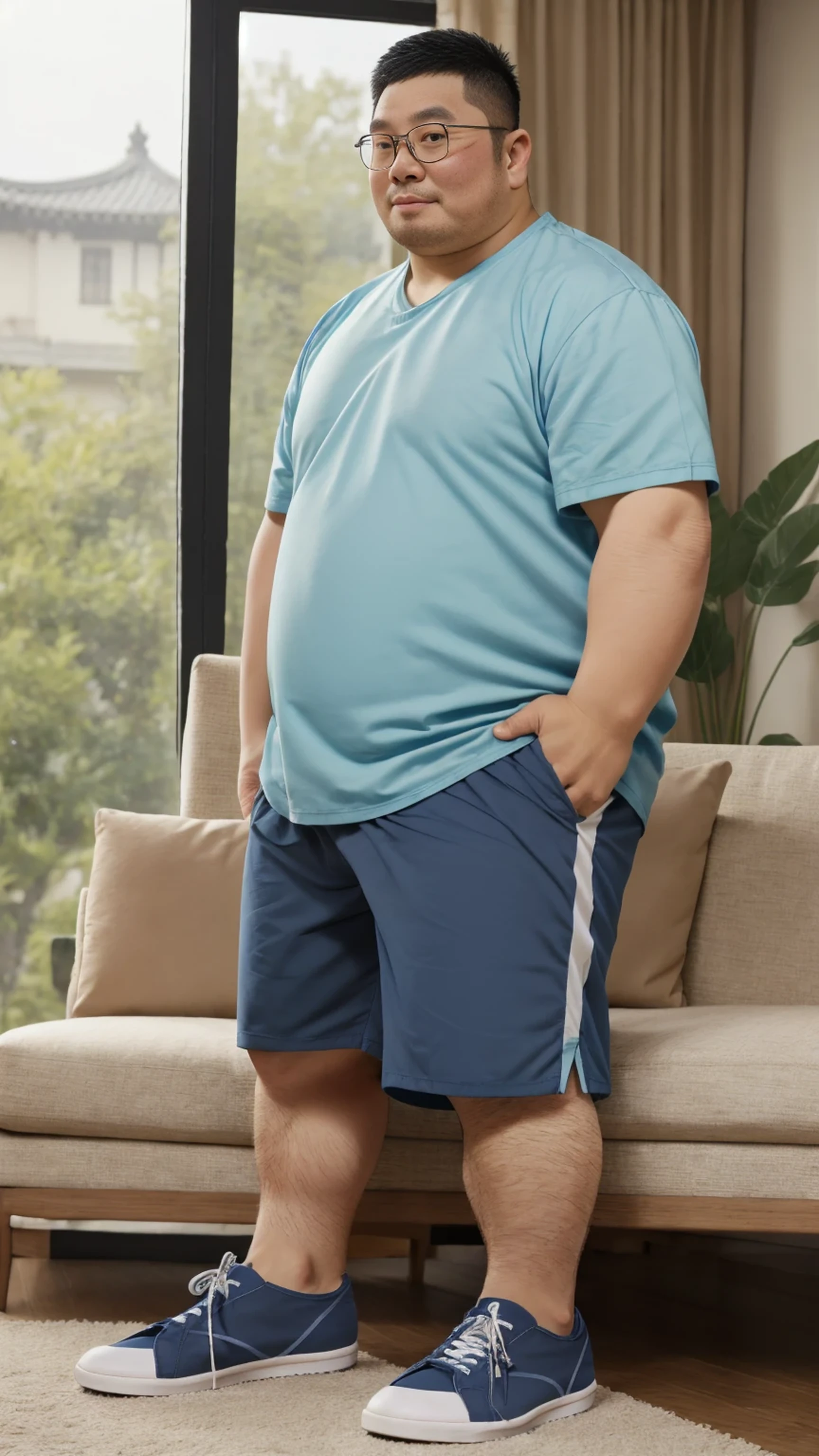 A cute fat man, Round inches, Big round face,Black round glasses, Big round belly, Blue short sleeve, Sitting on the sofa in the living room with glass windows, Casual shorts, Sneakers, Chinese men,full-body shot