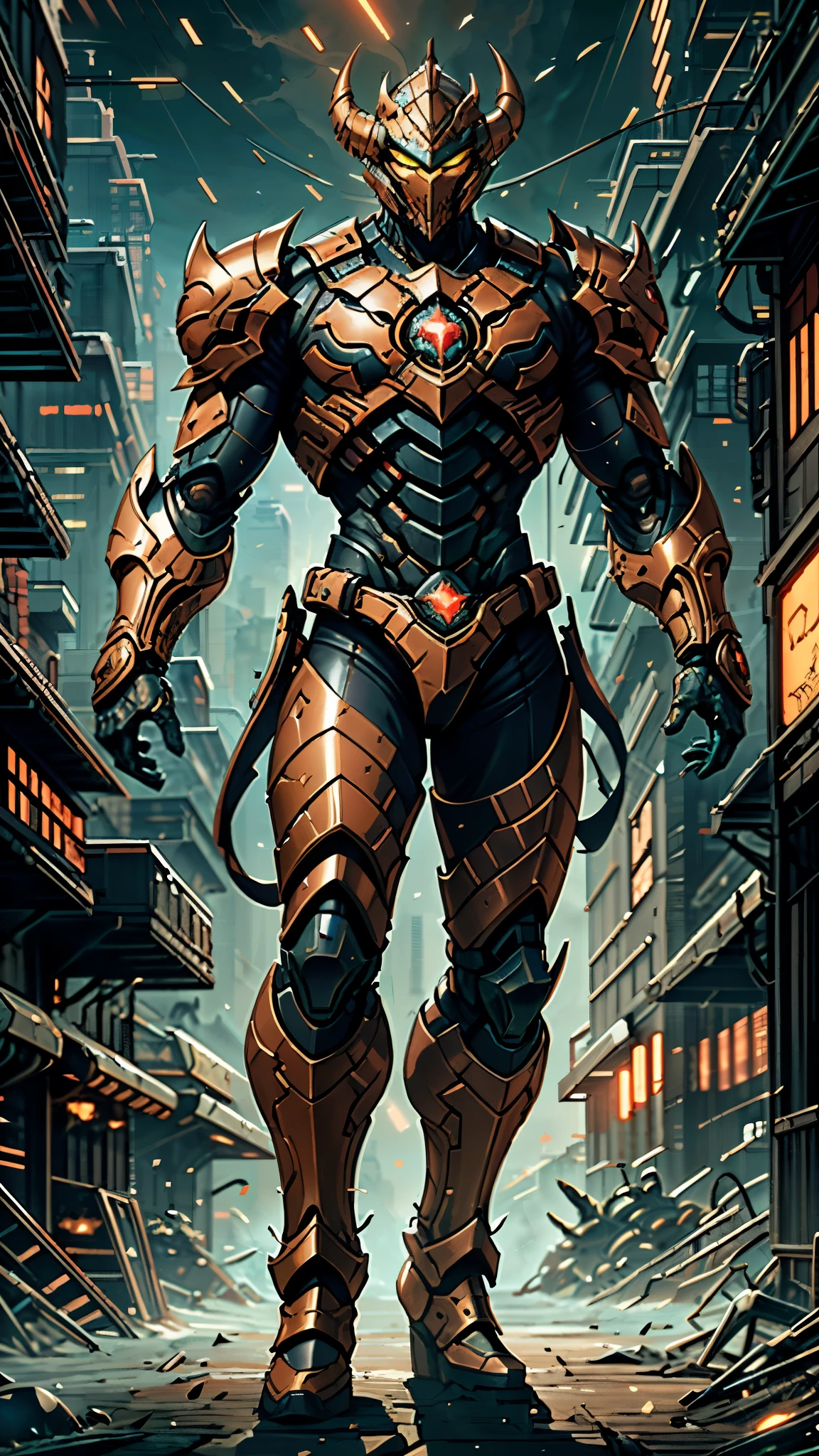 A man wearing a full-face helmet, a fantasy-style biotech armored combat suit, green eyes, (a composite layered chest armor), fully enclosed shoulder guards, matching arm and leg guards, the belt is adorned with 666 mark, (the color scheme is primarily red with yellow and white accents), the design balances heavy with agility, a high-tech bio-mecha armor, (Armor Concept Inspired by Demon, stand on the top of a skyscraper in a futuristic sci-fi city), this character embodies a finely crafted fantasy-surreal style armored hero in anime style, exquisite and mature manga art style, (battle damage, element, plasma, energy, the armor glows), ((male:1.5)), metallic, real texture material, dramatic, high definition, best quality, highres, ultra-detailed, ultra-fine painting, extremely delicate, professional, perfect body proportions, golden ratio, anatomically correct, symmetrical face, extremely detailed eyes and face, high quality eyes, creativity, RAW photo, UHD, 32k, Natural light, cinematic lighting, masterpiece-anatomy-perfect, masterpiece:1.5