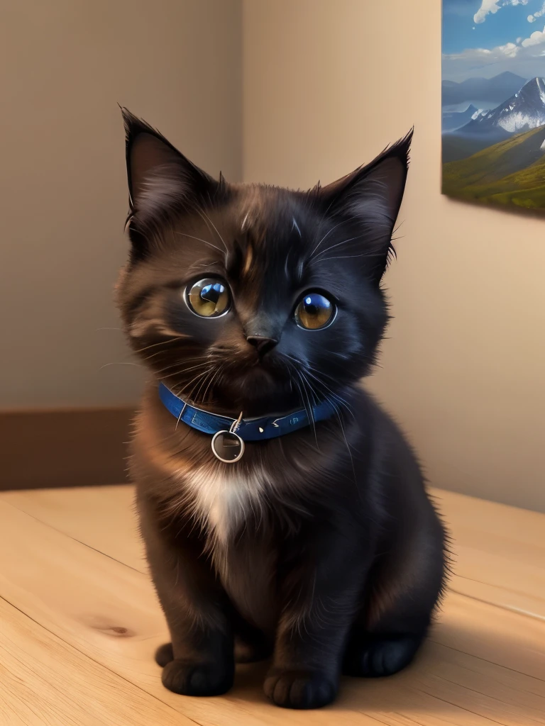 (highest quality,4K,8k,High resolution,masterpiece:1.2),Super detailed,(Realistic,Realistic,Photorealistic:1.37),Northern,South,Multiverse,Diverse landscapes,Natural Beauty,Cute black kitten,Blue collar、Art Gallery、Very small kitten、Random Pause