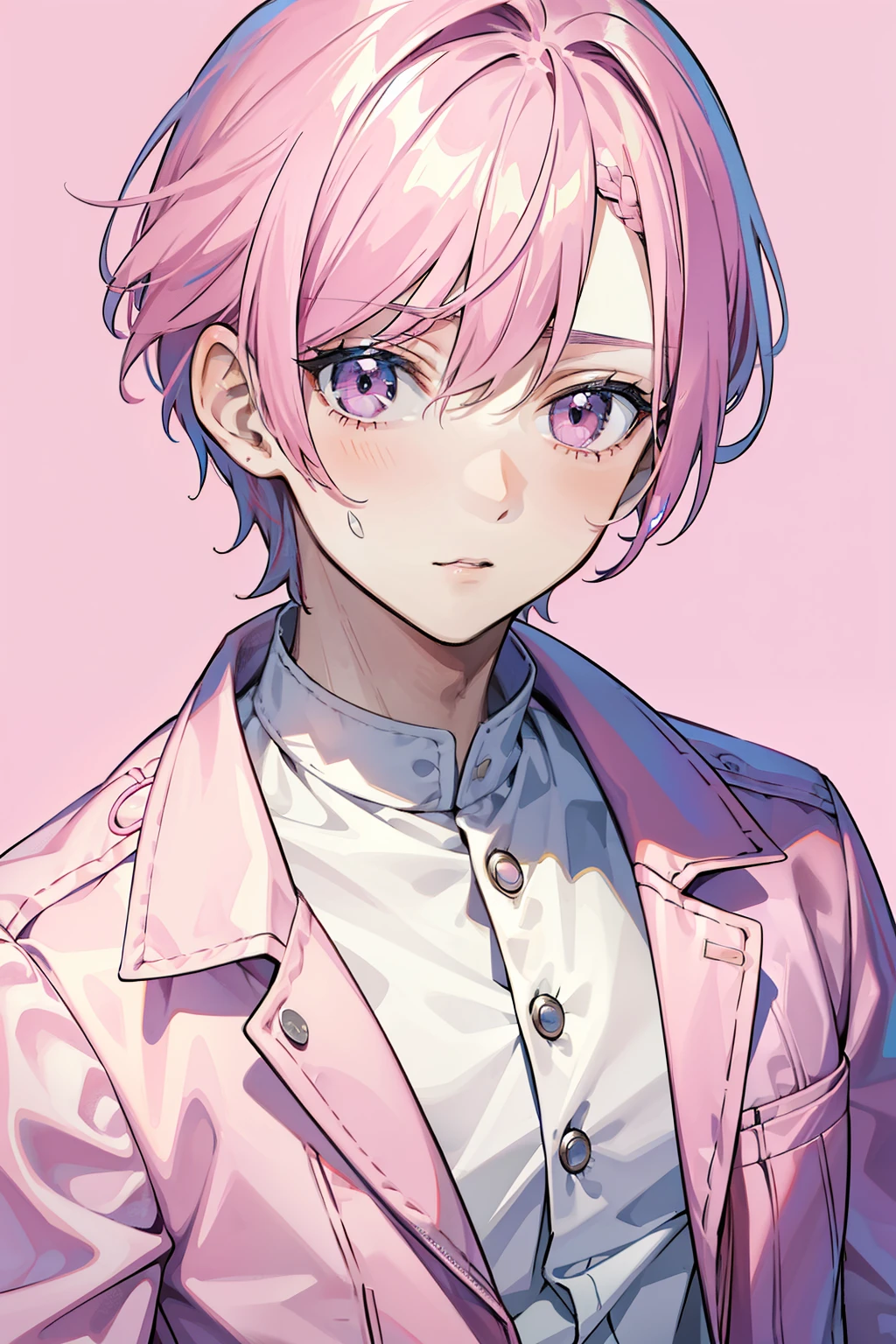 Boy with pink hair,tmasterpiece,Handsome face,Clear facial features,Pink outfit,Concise background