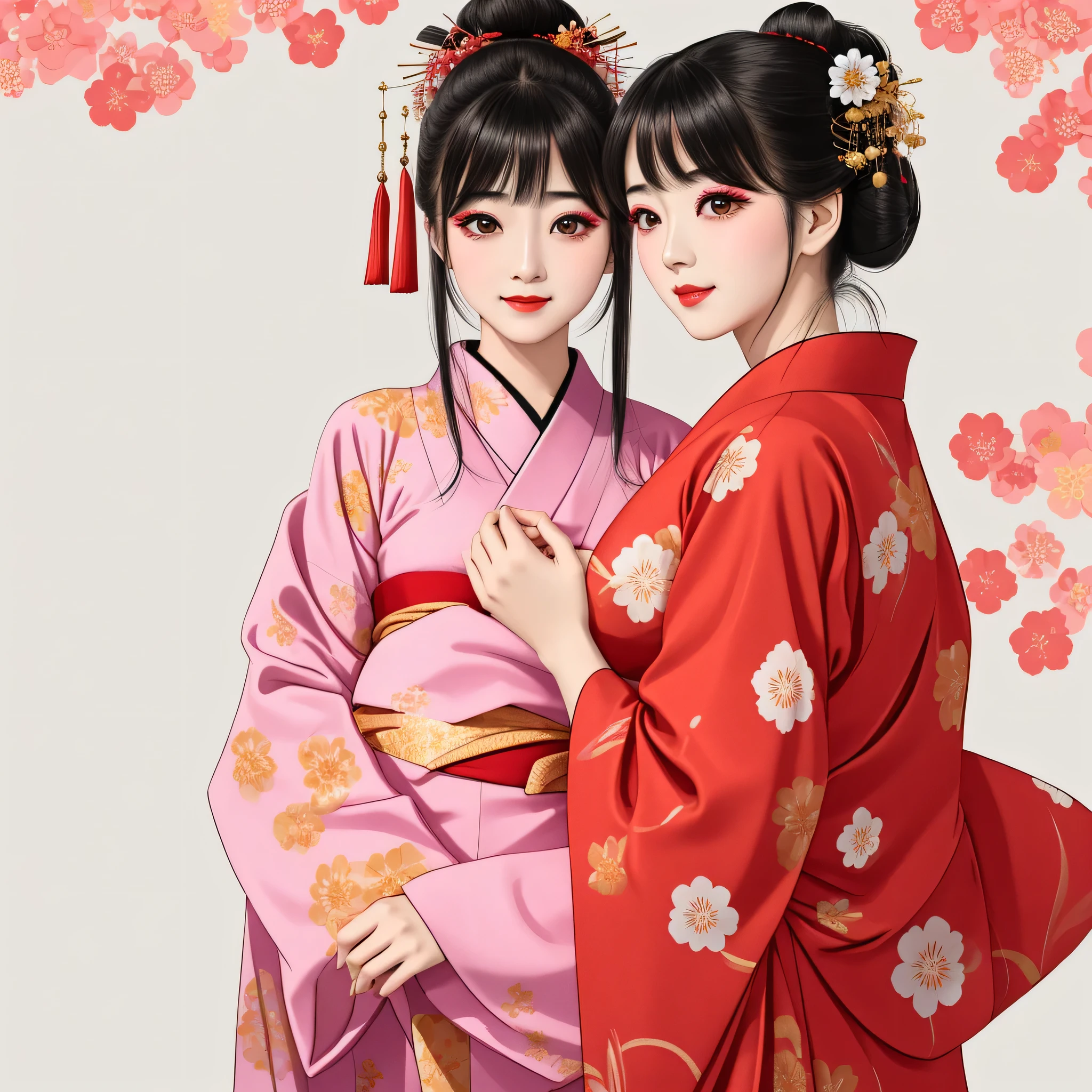 Each has a different expression２People and sisters、(２ girls）、｟Dancing traditional arts with grace)、((Big Breasts、Small Face、Not exposed))、highest quality、masterpiece、（Black Hair、Bun Hair）、Brown Eyes、｟Wide angle、Angle from above the waist and diagonally below、Pause on the magazine cover、Their gazes are different, gazing into the distance｠、(８K High Quality、masterpiece、High resolution、Realistic and beautiful light and shadow、(highest quality)、(High Resolution)、(Very delicate and beautiful)、(Beautiful 8k face)、(With a smile、Beautiful eyes)、(Clear skin)、(Soft hair)、(８Head to Body)、(A Japanese style yukata kimono with red, pink and orange floral patterns on a white background, interspersed with gold powder、Five beautiful Japanese girls wearing yukata)、((Tanabata decoration background))、((Small Face))、(arms up)、Thin and small nose、（Red lipstick）、（Make your cheeks red）、（Glossy skin）、((Ink painting style))、Very thin eyebrows、Overall ultra-high image quality、（She is wearing maiko-style makeup.）、Whitening、Long and beautiful eyelashes、Glowing Skin、（Red cheeks）,Straight nose、masterpiece、highest quality、whole body、 Eyebrows visible through hair、Bun Hair、Grin、Gal、Gal、Viewer&#39;s Eyes、Plaid、Stylish、woman、fine、Pause、
Waiting to start 
