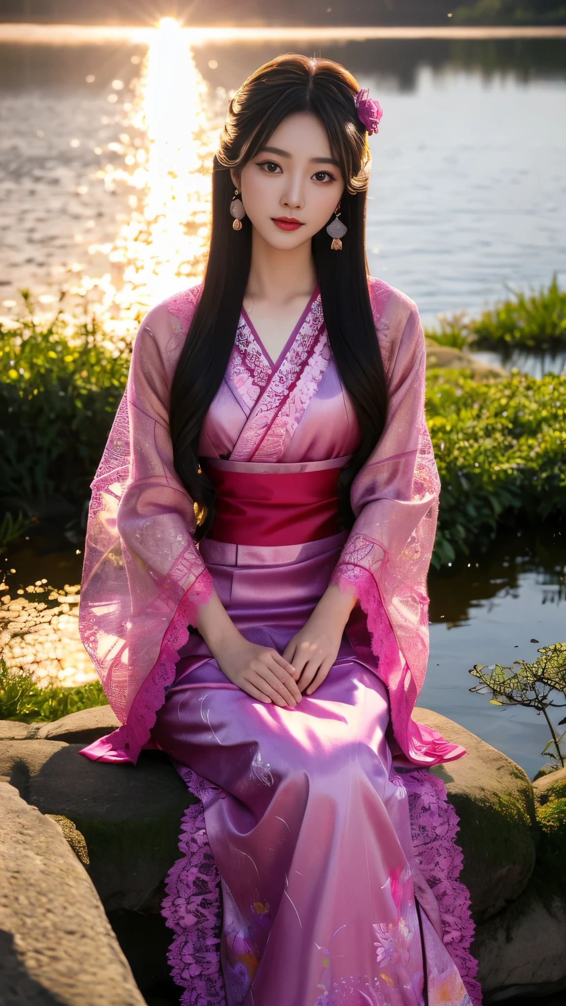8K, UHD, masterpeiece,best quality, 1 girl, detailed face, detailed eyes, very long hair, long straight hair, small breasts, very detailed dress, kimono costume, magenta costume, ((mesh lace)), sardine, flowing sardine, jwellery, earring, ornaments, flower, evening, lake, water, sunset, depth of field, glowing light, god rays, reflection light, bloom, looking at viewer, sitting,