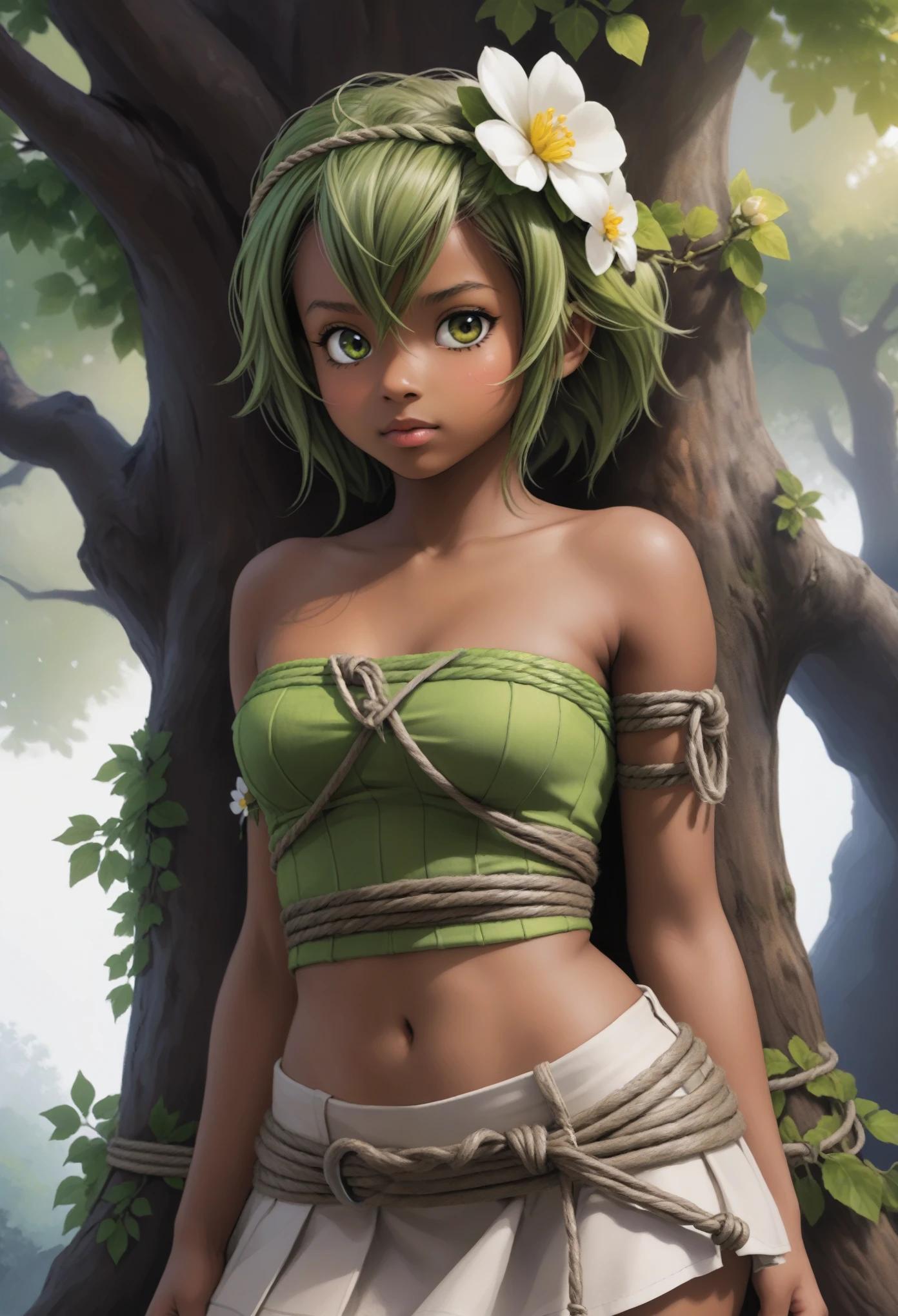 score_9, score_8_up, score_7_up, score_6_up, BREAK, source_cartoon, source_anime, 1girl, solo, 1girl, amaliayoung, green hair, long hair, hair flower, dark skin, bare shoulders, tube top, navel, skirt, BREAK shibari, shibari over clothes, arms behind back, bound wrists, bound arms, bound legs, bound feet, ((green rope)), BREAK bound to tree, vines around tree, panic, bound by vines, vines over clothes, arms behind back, sad, blush