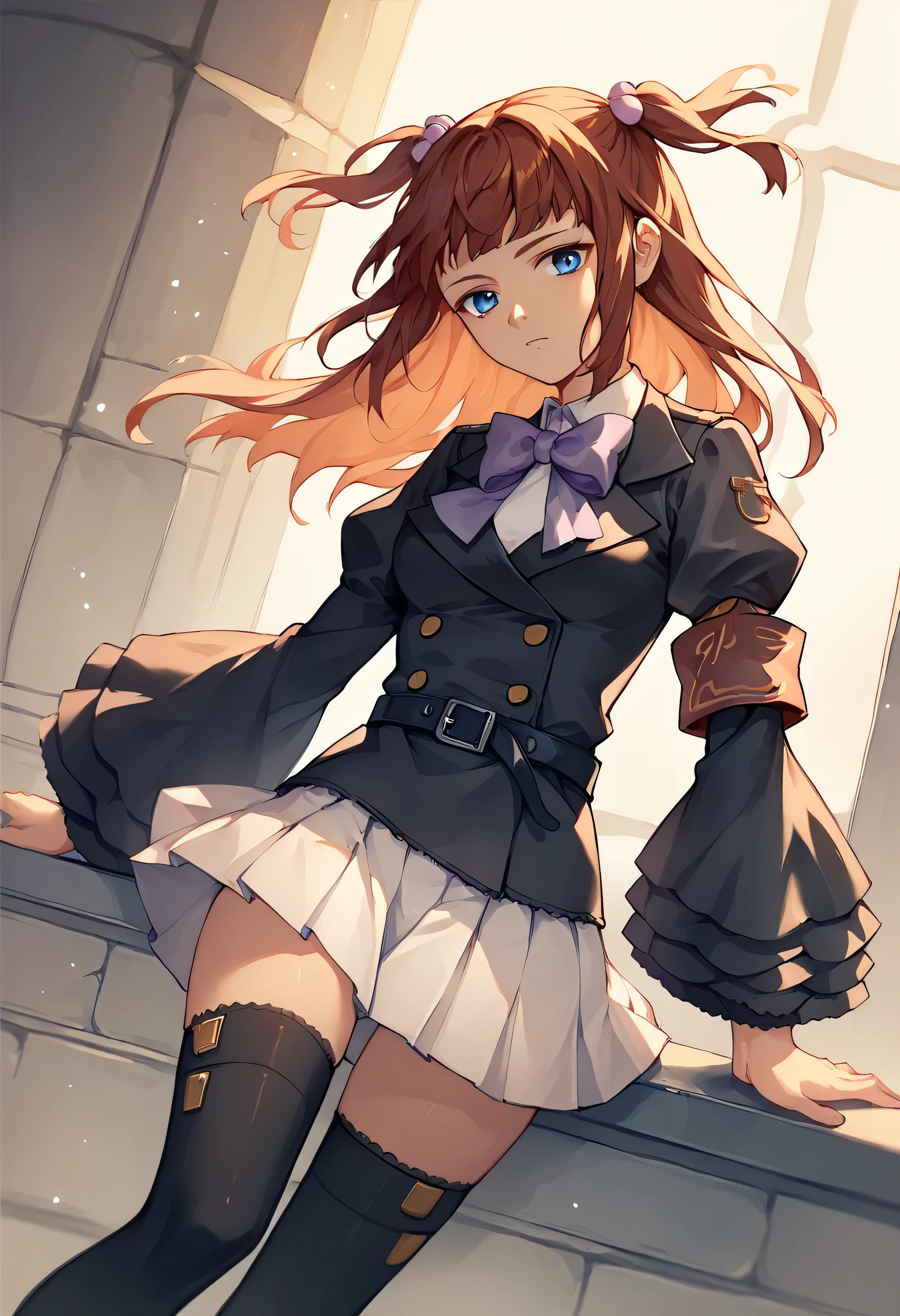 score_9, score_8_up, score_7_up,1girl,  Ange, brown hair, two side up, blue eyes, white shirt, purple bow, black jacket, single armband, black belt, white skirt, frilled sleeves, black thighhighs