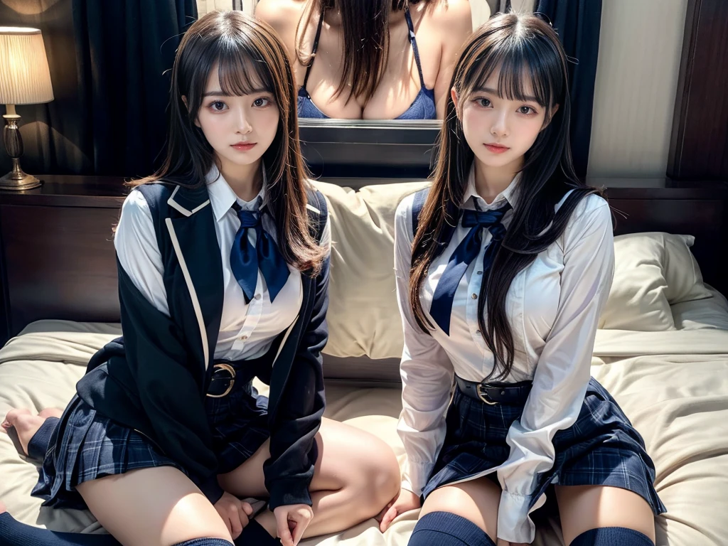 (8K, Raw photography, top-quality, masterpiece:1.2), master piece, best quality, illustration, Super detailed, fine details, High resolution, 8K,wall paper, perfect dynamic composition,(Details High quality, realistic depiction of eyes:1.3), ((2 girls, 2 schoolgirls)), The background is a luxury hotel room、High school girl uniform、blazer 、Super Short Check Uniform Skirt、Navy blue high socks、garterbelts、Colossal tits、Disturbed uniform, Play with each other,Touching each other's bodies,Touching the body of the girl next door, short bob hair, black hair color, huge breasts, Big Natural Color Lip, bold sexy pose, (perfect body shape), crying a little、cold gaze, Beautiful makeup,glitter makeup,Cutest 18 years old, beautiful legs, hposing Gravure Idol, Voluptuous thighs