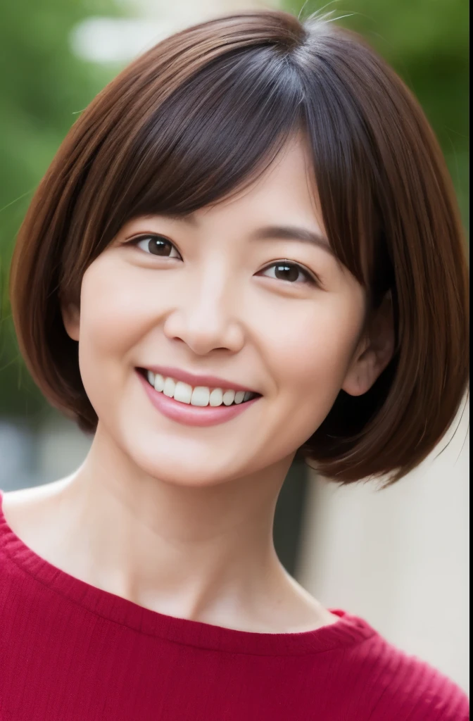 40-year-old woman、smile、short hair