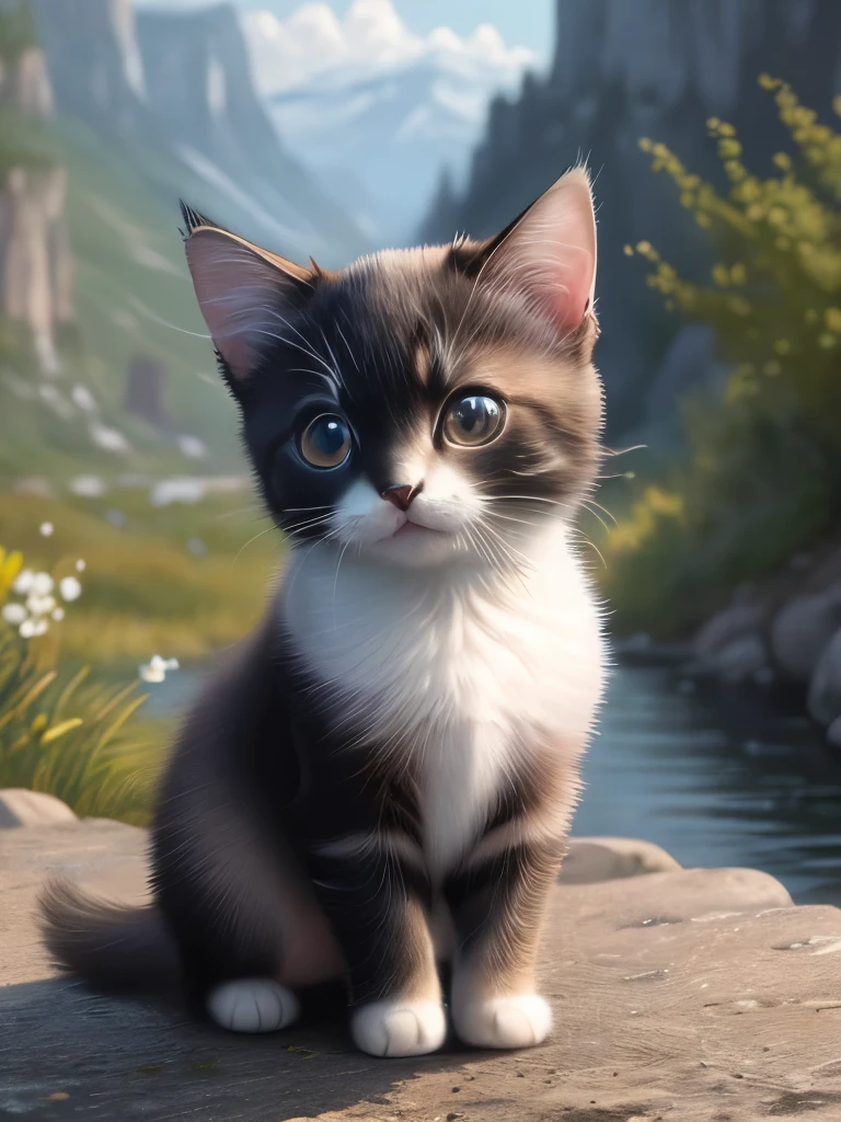 (highest quality,4K,8k,High resolution,masterpiece:1.2),Super detailed,(Realistic,Realistic,Photorealistic:1.37),Northern,South,Diverse landscapes,Natural Beauty,Cute black and white siamese kitten,Art Gallery、Very small kitten、Random Pause