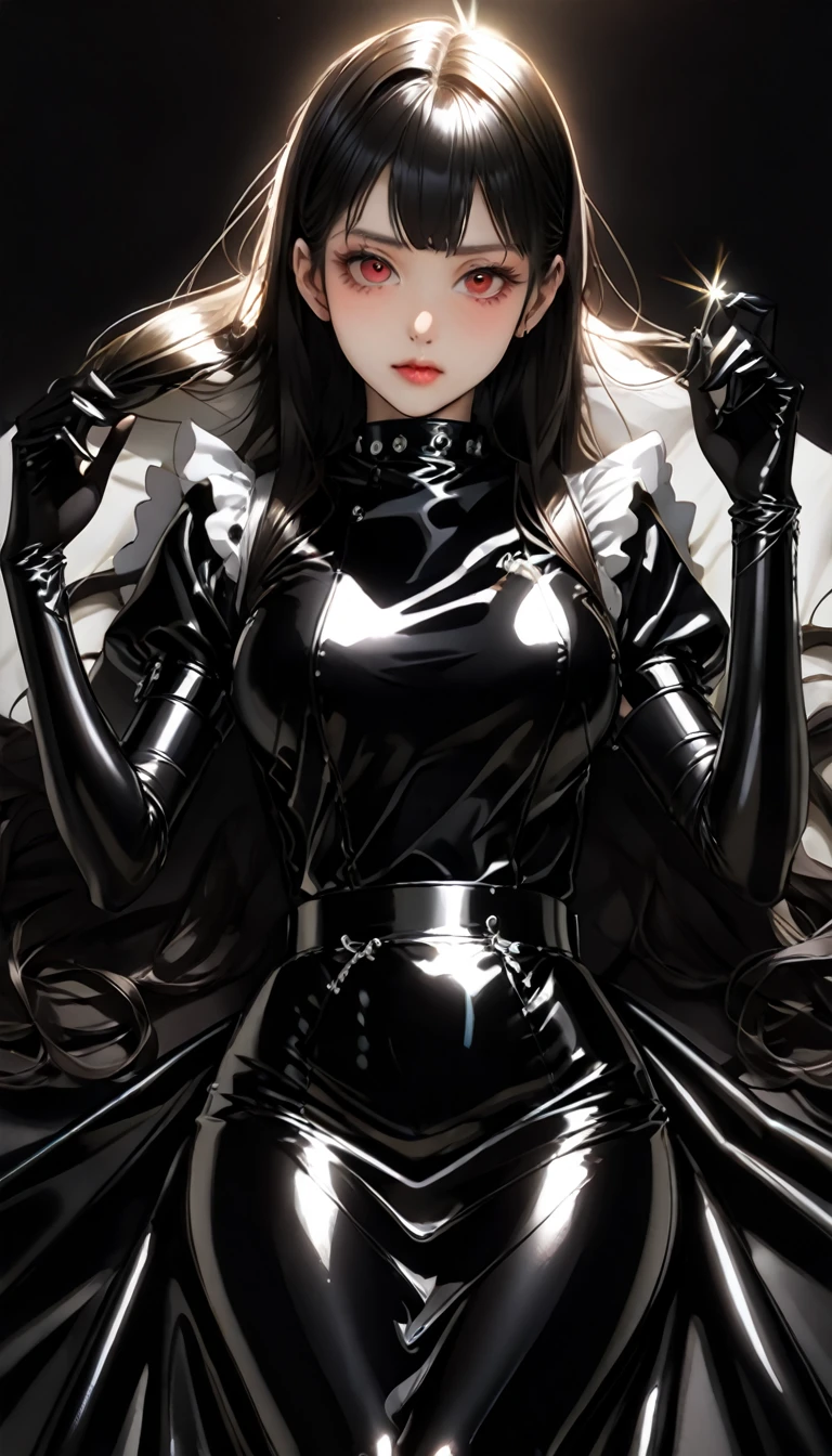 25Old Japanese woman、(Beautiful Face)、(Black latex maid outfit)、Black latex long skirt、Black latex long sleeve shirt、Long gloves in black latex、Latex has a very strong shine、Diagonal Composition