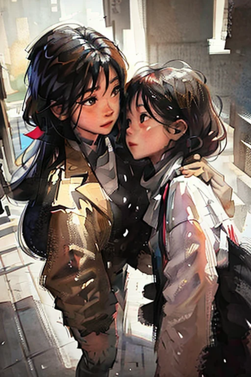 name: "Connection of souls"
material: acrylic on canvas Size: 70x100 cm Idea: This painting represents a powerful connection between two people. Beautiful Asian woman with long, With stunning straight dark brown hair, she looks like the epitome of grace and beauty. She is wearing a white medical coat, which flutters easily in the wind, and under it - stylish ordinary clothes, highlighting her confidence. Her boyfriend is standing next to her, dark short-haired brunette in light clothes, reminiscent of assassin paraphernalia, symbolizing his strength and determination. They stand against a bright background, abstract landscape, filled with bright colors and symbolizing the diversity of their world. Their views are filled with mutual understanding and love, creating the impression of an irresistible connection between their souls.