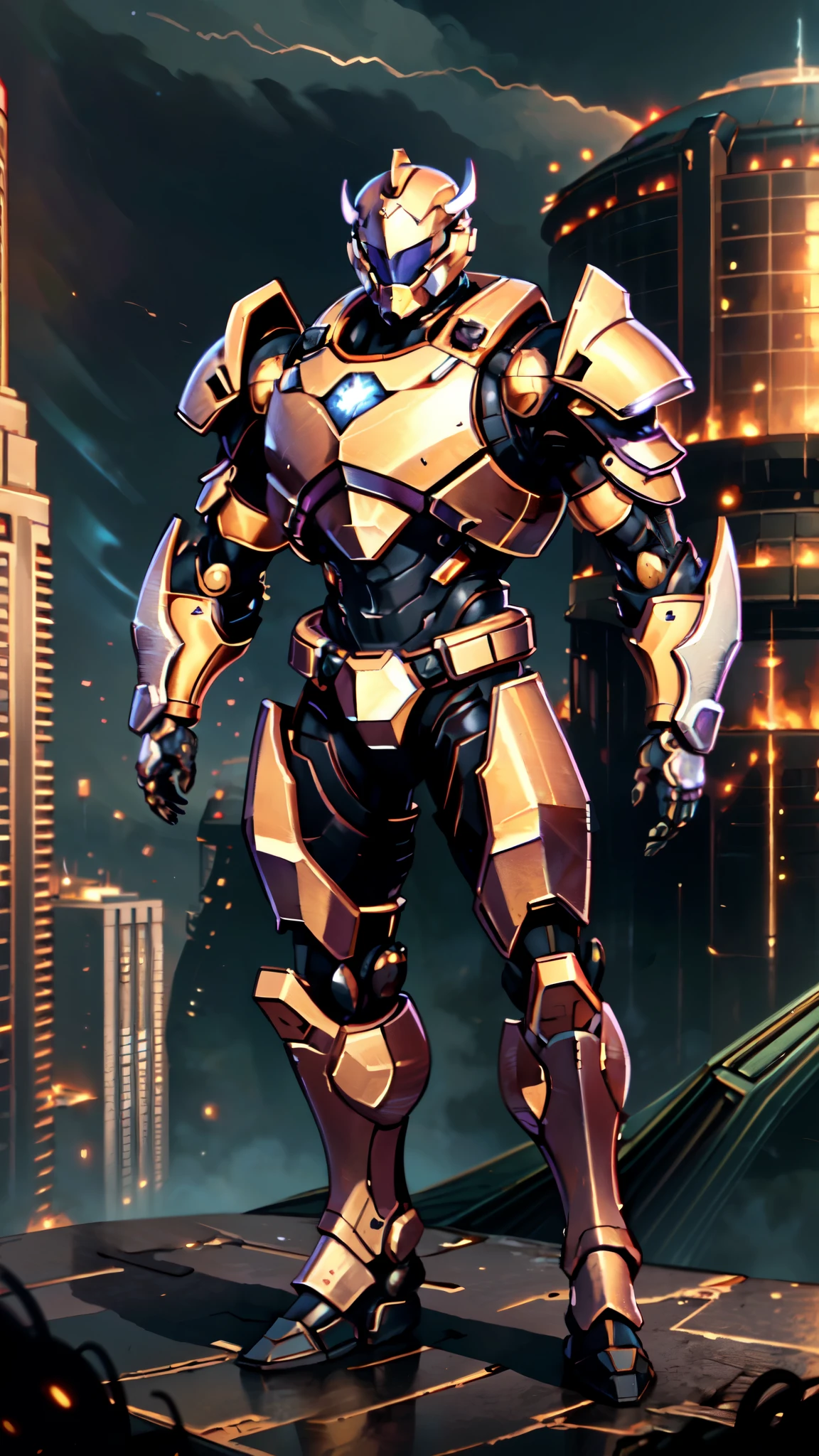 A man wearing a full-face helmet, a fantasy-style biotech armored combat suit, green eyes, (a composite layered chest armor), fully enclosed shoulder guards, matching arm and leg guards, the belt is adorned with 666 mark, (the color scheme is primarily red with yellow and white accents), the design balances heavy with agility, a high-tech bio-mecha armor, (Armor Concept Inspired by Demon, stand on the top of a skyscraper in a futuristic sci-fi city), this character embodies a finely crafted fantasy-surreal style armored hero in anime style, exquisite and mature manga art style, (battle damage, element, plasma, energy, the armor glows), ((male:1.5)), metallic, real texture material, dramatic, high definition, best quality, highres, ultra-detailed, ultra-fine painting, extremely delicate, professional, perfect body proportions, golden ratio, anatomically correct, symmetrical face, extremely detailed eyes and face, high quality eyes, creativity, RAW photo, UHD, 32k, Natural light, cinematic lighting, masterpiece-anatomy-perfect, masterpiece:1.5