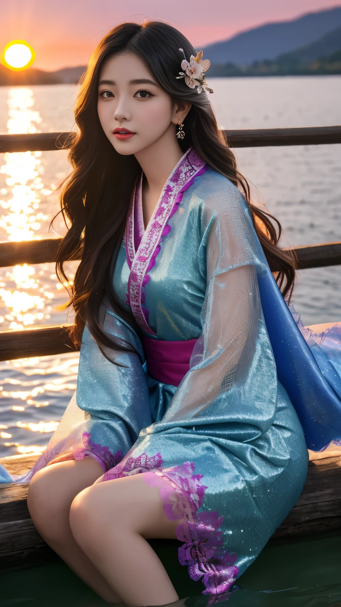 8K, UHD, masterpeiece,best quality, 1 girl, detailed face, detailed eyes, very long hair, long straight hair, small breasts, very detailed dress, kimono costume, magenta costume, ((mesh lace)), sardine, flowing sardine, jwellery, earring, ornaments, flower, evening, lake, water, sunset, depth of field, glowing light, god rays, reflection light, bloom, looking at viewer, sitting,