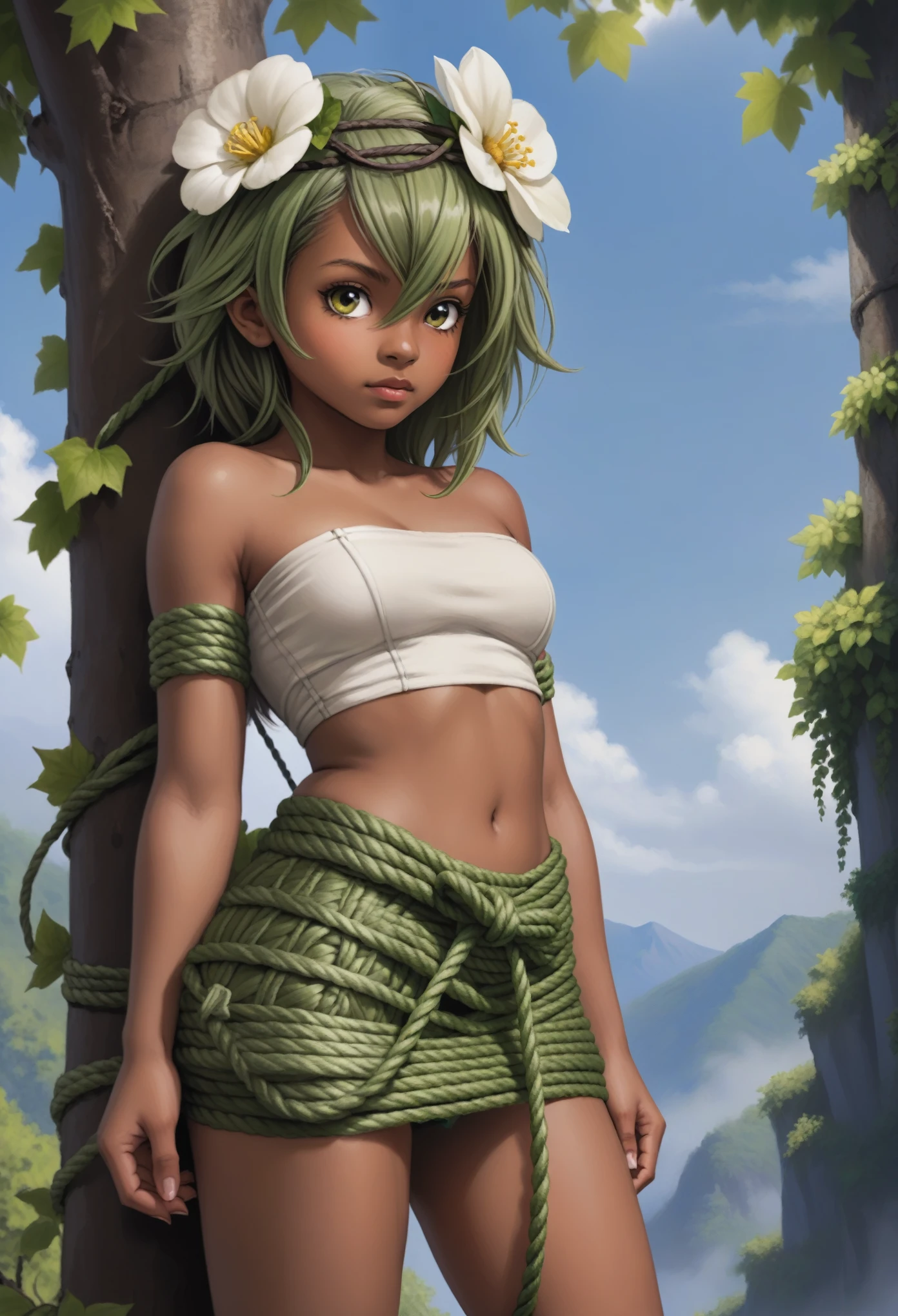 solo, 1girl, amaliayoung, green hair, long hair, hair flower, dark skin, bare shoulders, tube top, navel, skirt, BREAK shibari, shibari over clothes, arms behind back, bound wrists, bound arms, bound legs, bound feet, ((green rope)), BREAK bound to tree, vines around tree, panic, bound by vines, vines over clothes, arms behind back, sad, blush